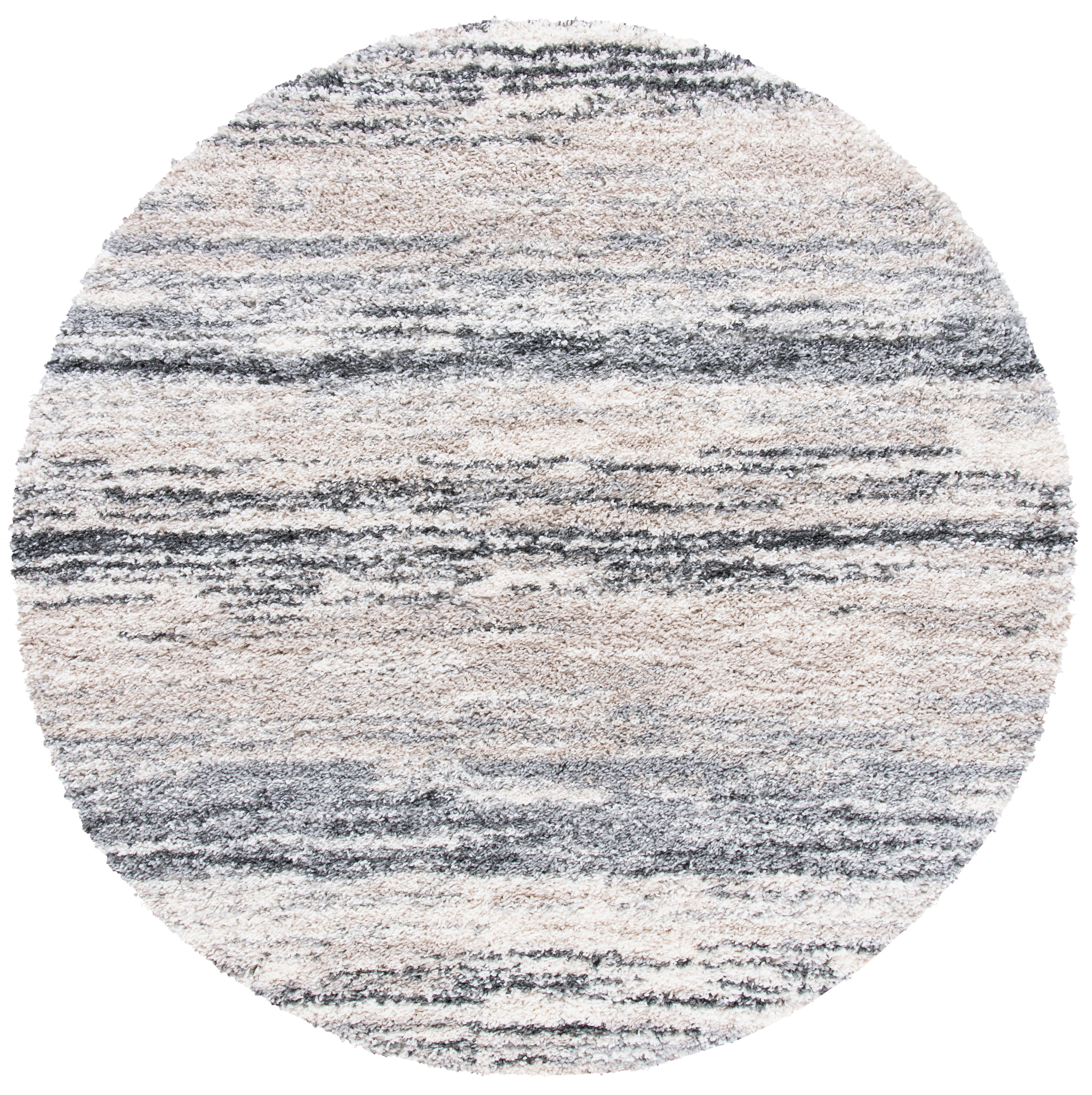 Ivory and Gray Round Synthetic Shag Rug, 3' Diameter
