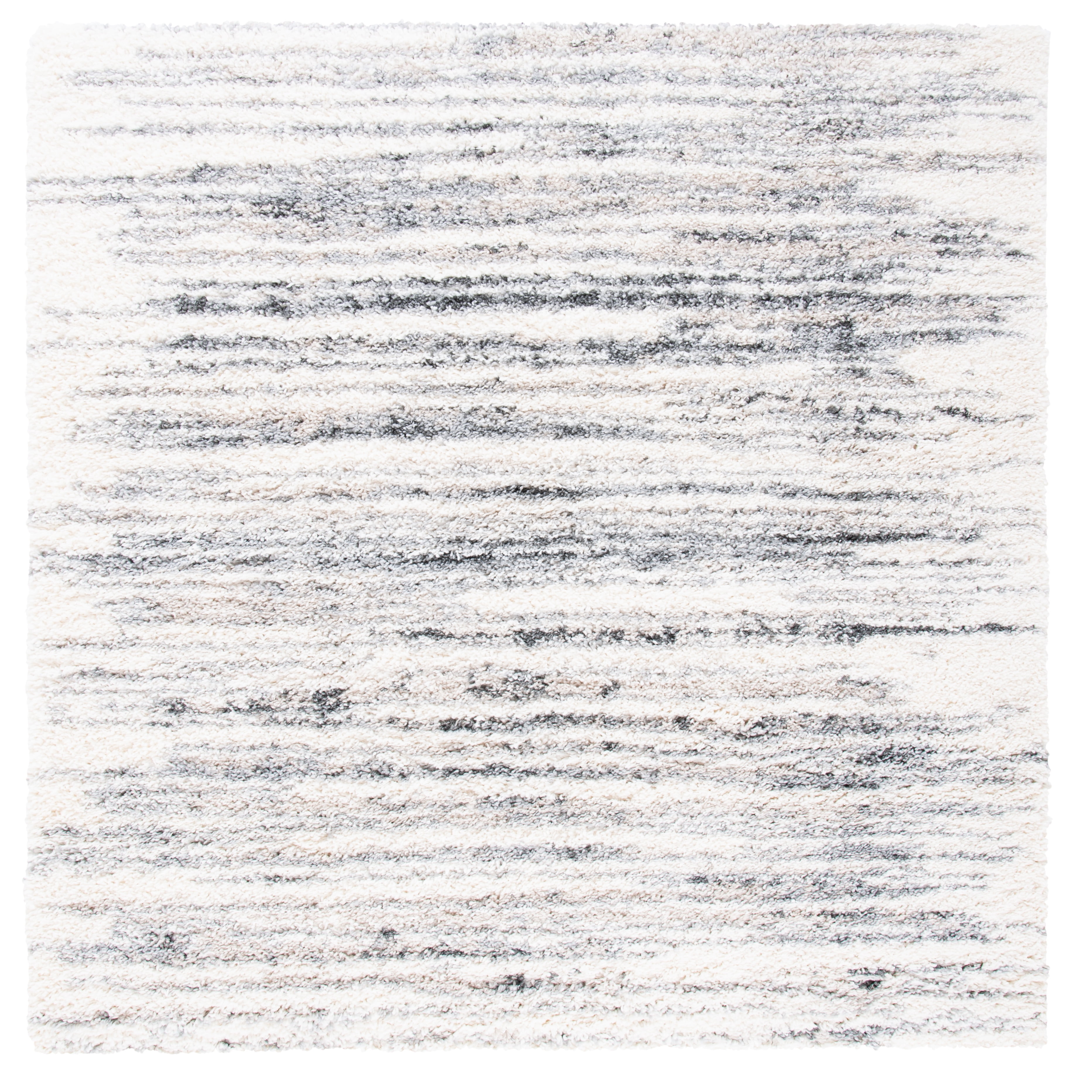 Ivory and Grey Square Shag Rug, 6'7" x 6'7", Synthetic