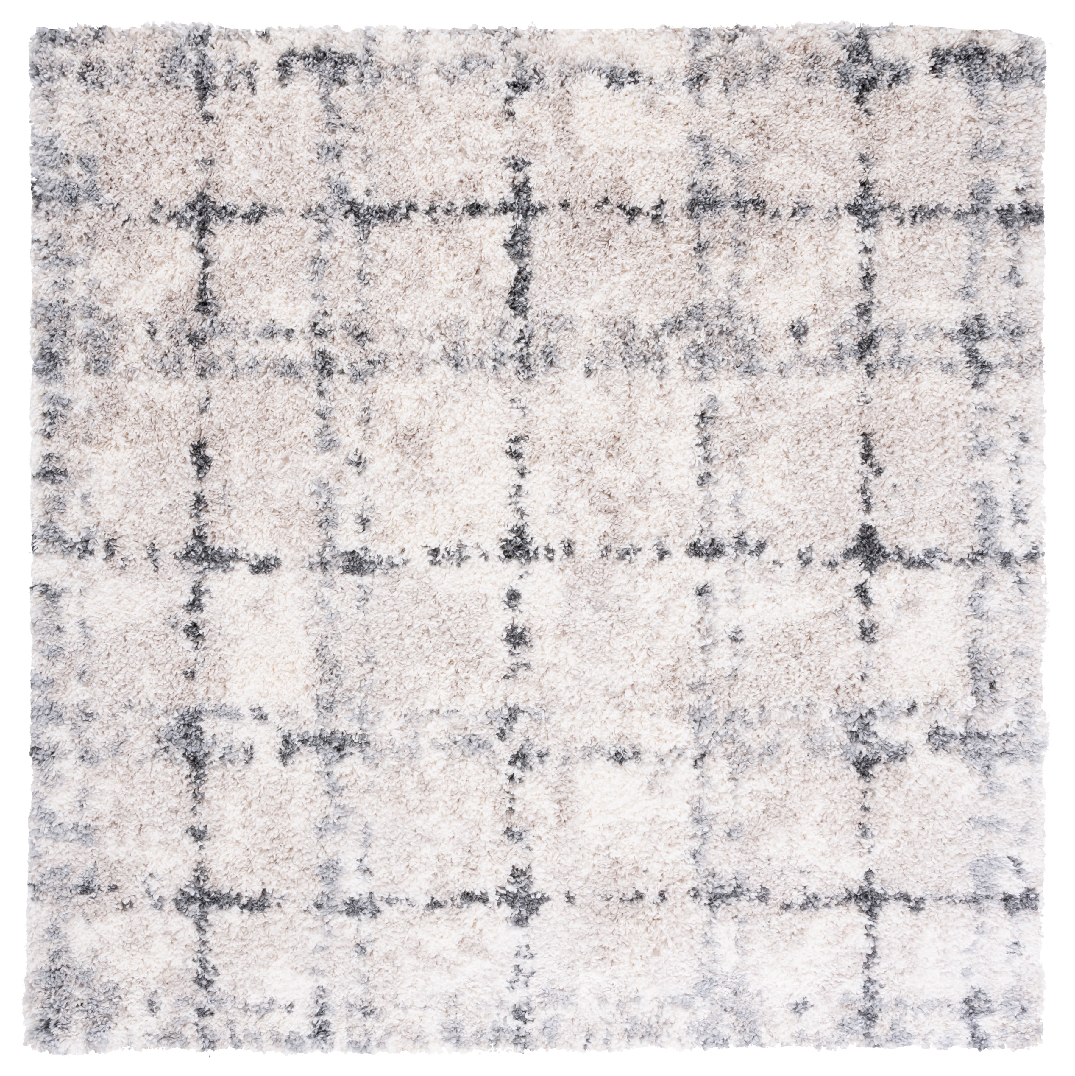 Ivory and Gray Square Shag Rug with Synthetic Fibers