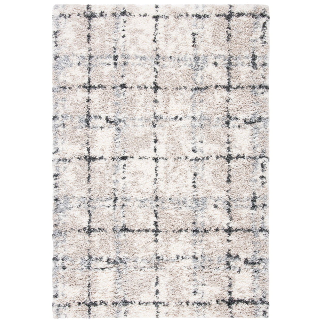 Ivory and Gray Hand-knotted Round Shag Rug