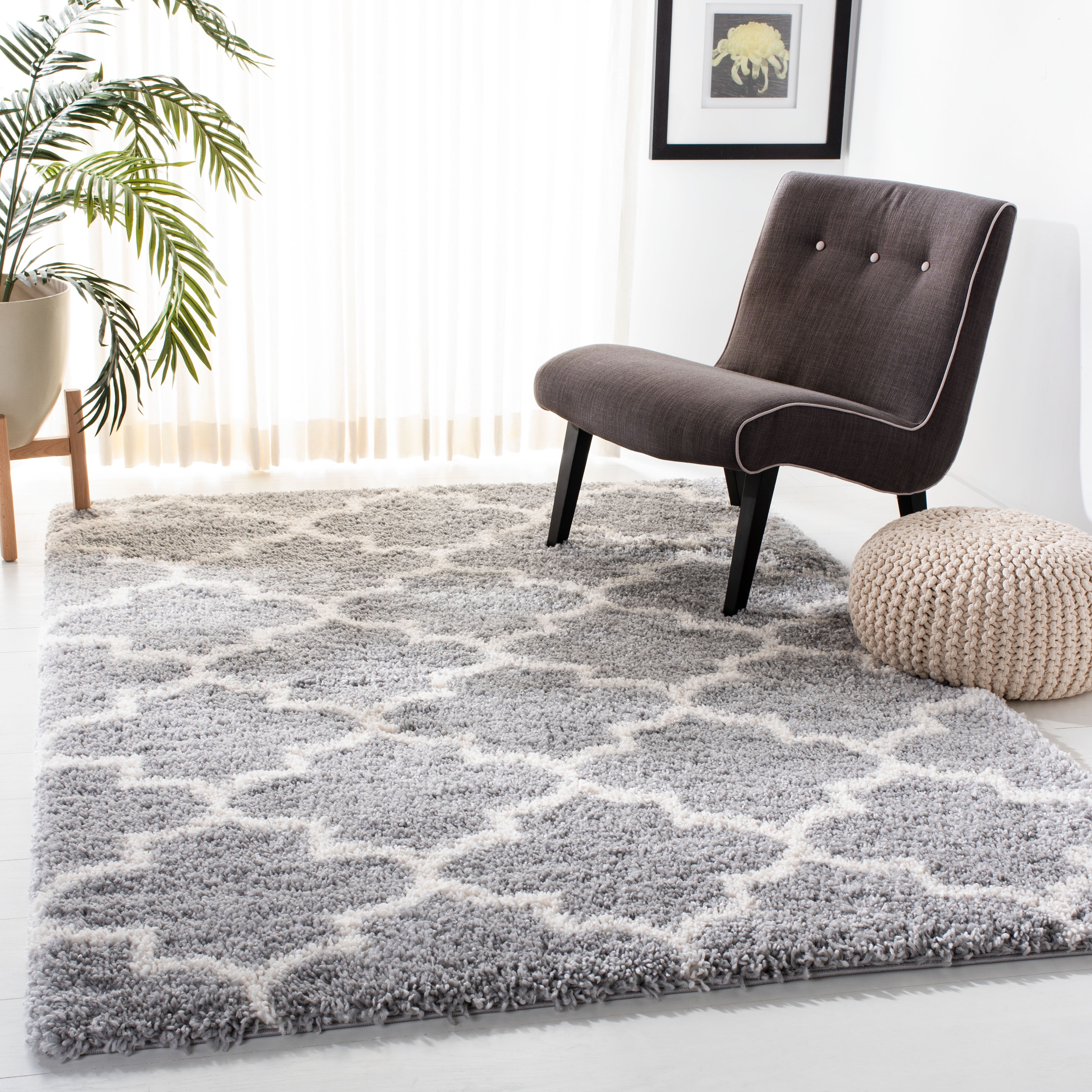 Grey and Cream Geometric Plush Shag Area Rug 5'3" x 7'6"