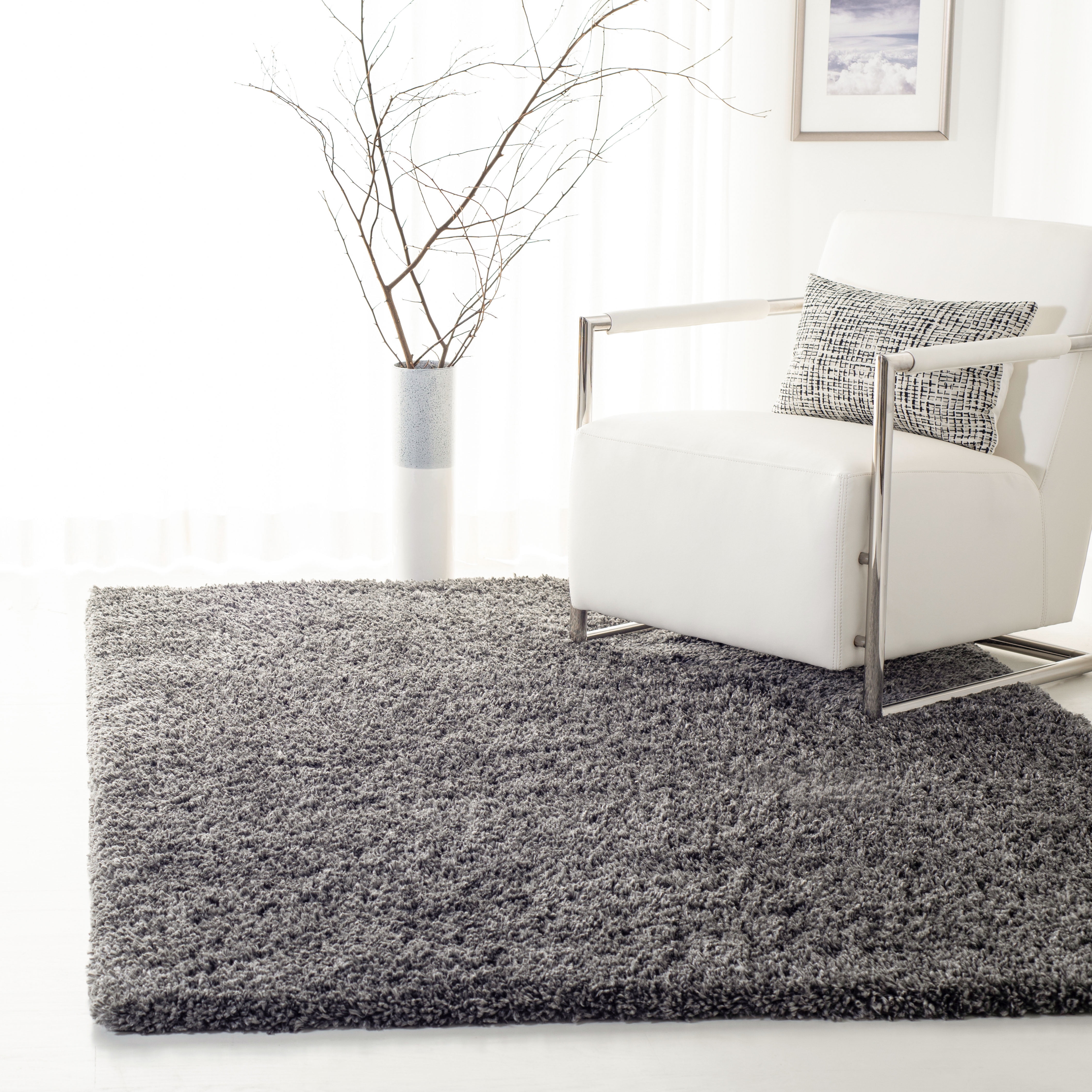 Gray Rectangular Hand-knotted Shag Area Rug