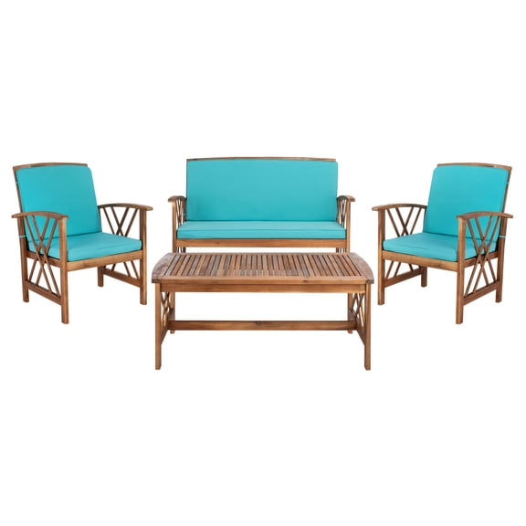 SAFAVIEH Fontana Outdoor Patio 4 Pc Conversational Set, Natural/Aqua