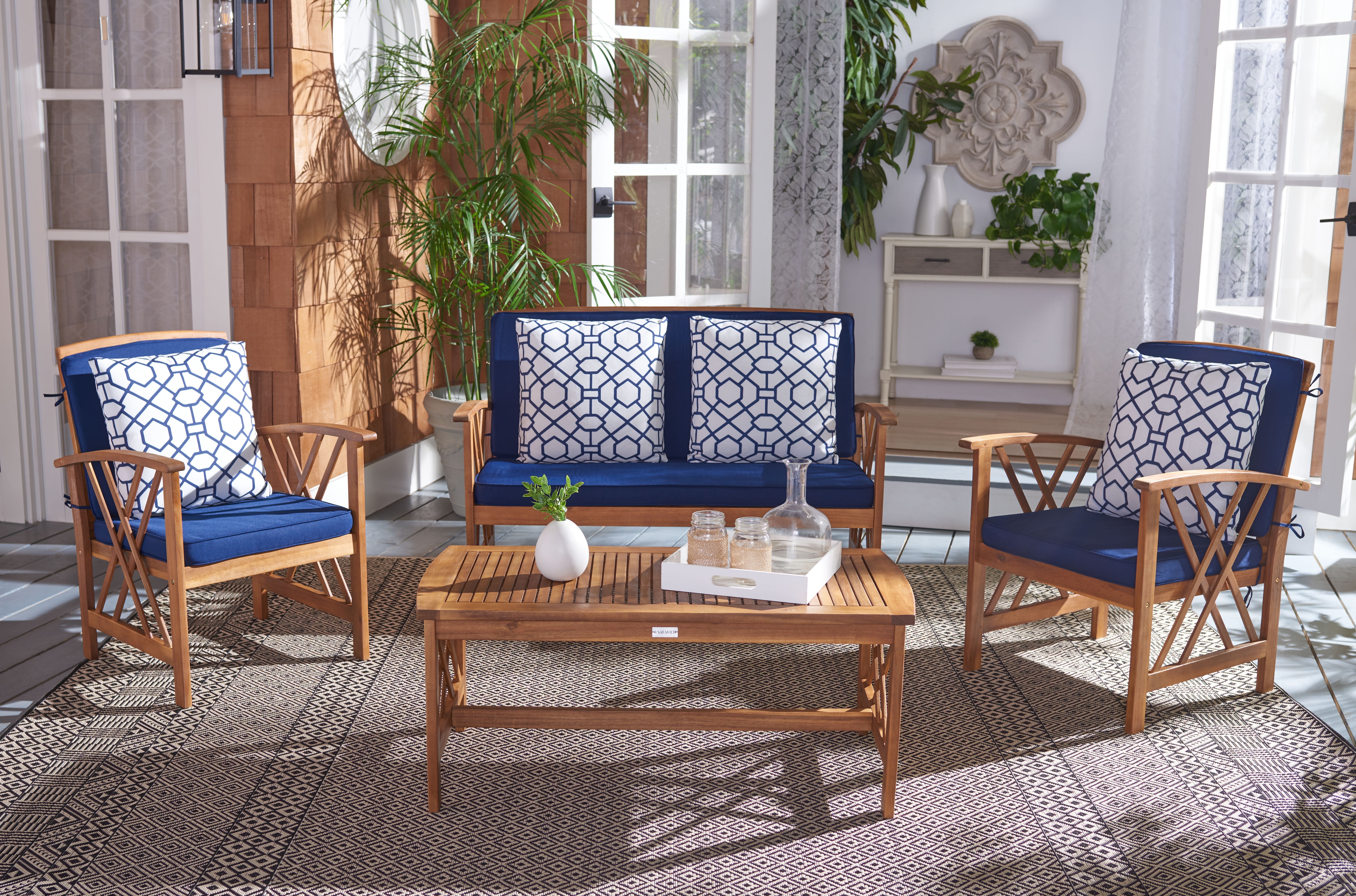 Fontana Natural Acacia Wood 4-Piece Patio Conversation Set with Navy Cushions