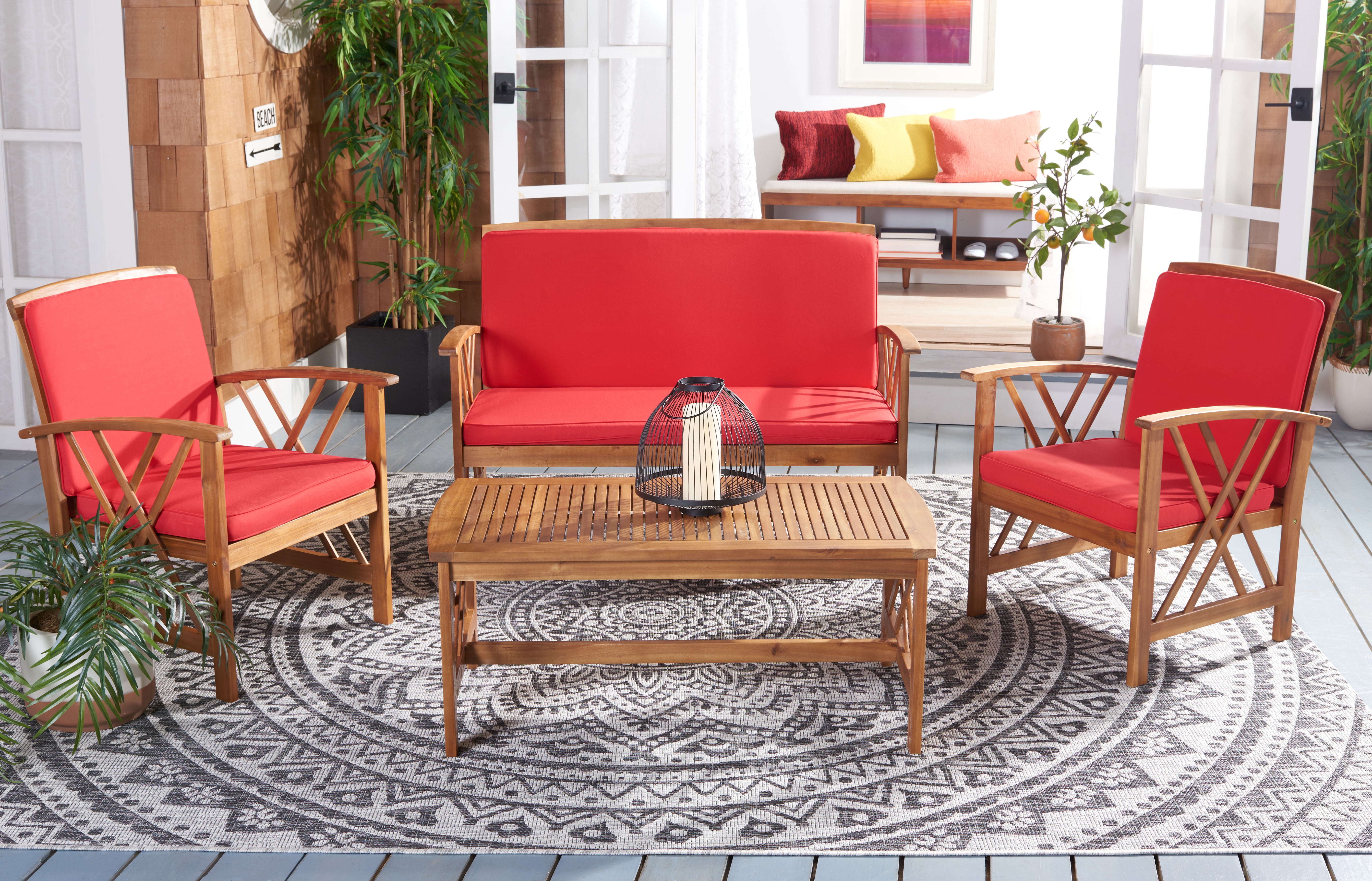 Fontana Natural Acacia Wood 4-Piece Outdoor Set with Red Cushions