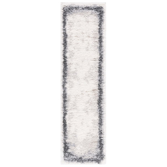 SAFAVIEH Fontana Shag Damian Bordered Plush Runner Rug, Ivory/Grey, 2'3" x 8'