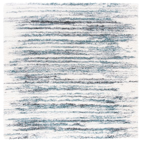 SAFAVIEH Fontana Shag Danny Abstract Plush Area Rug, Ivory/Teal, 8' x 8' Square