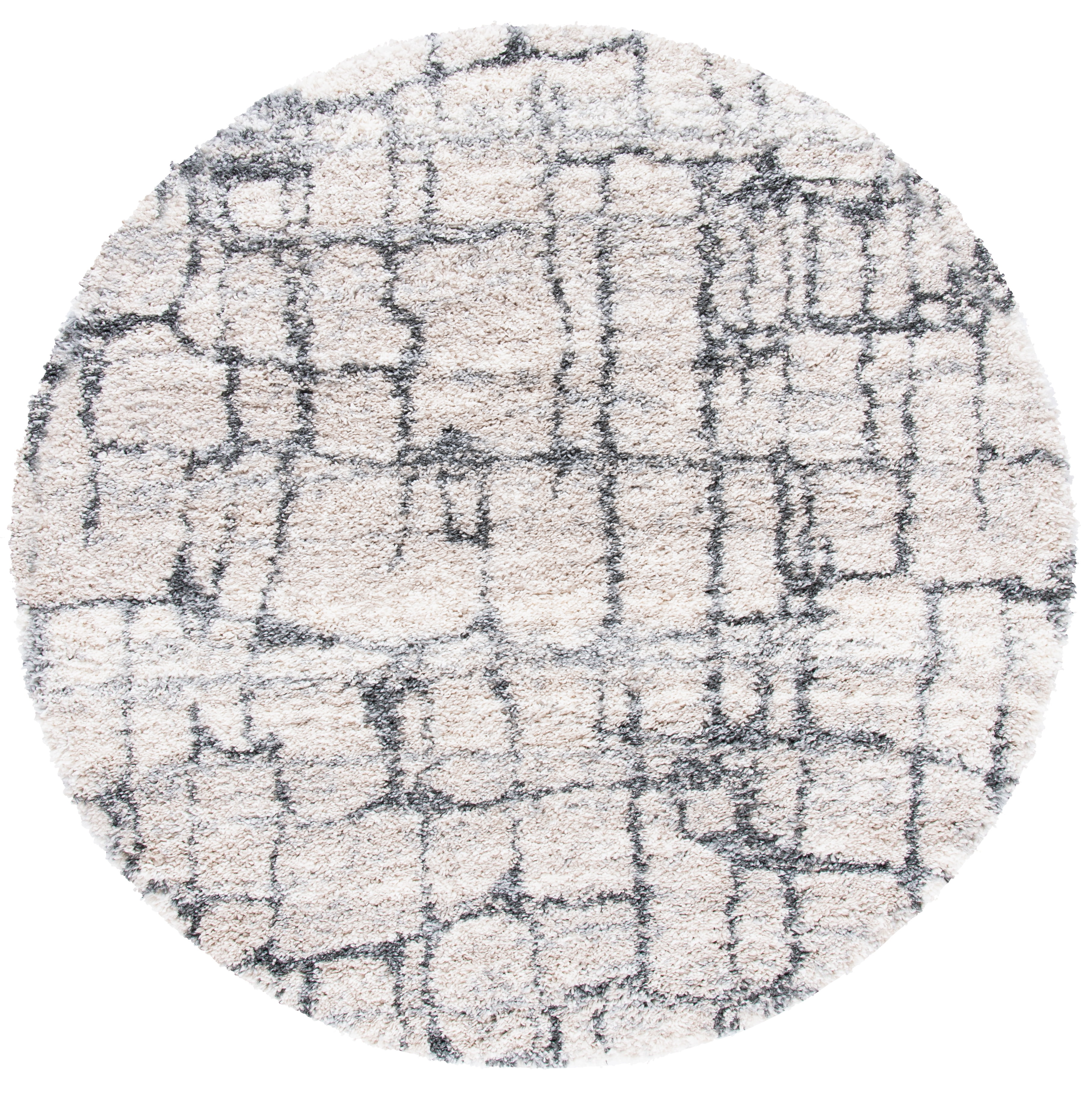Ivory and Gray Round Shag Area Rug, 8' x 8'
