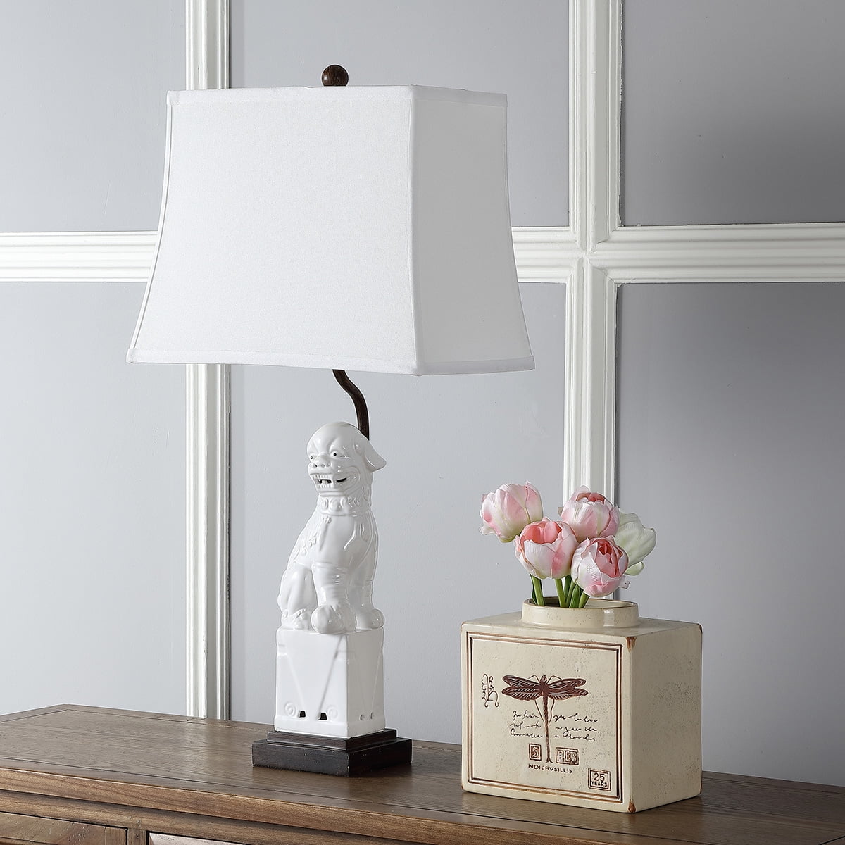 SAFAVIEH Foo Dog 28.5 in. H Solid Table Lamp White Set of 2