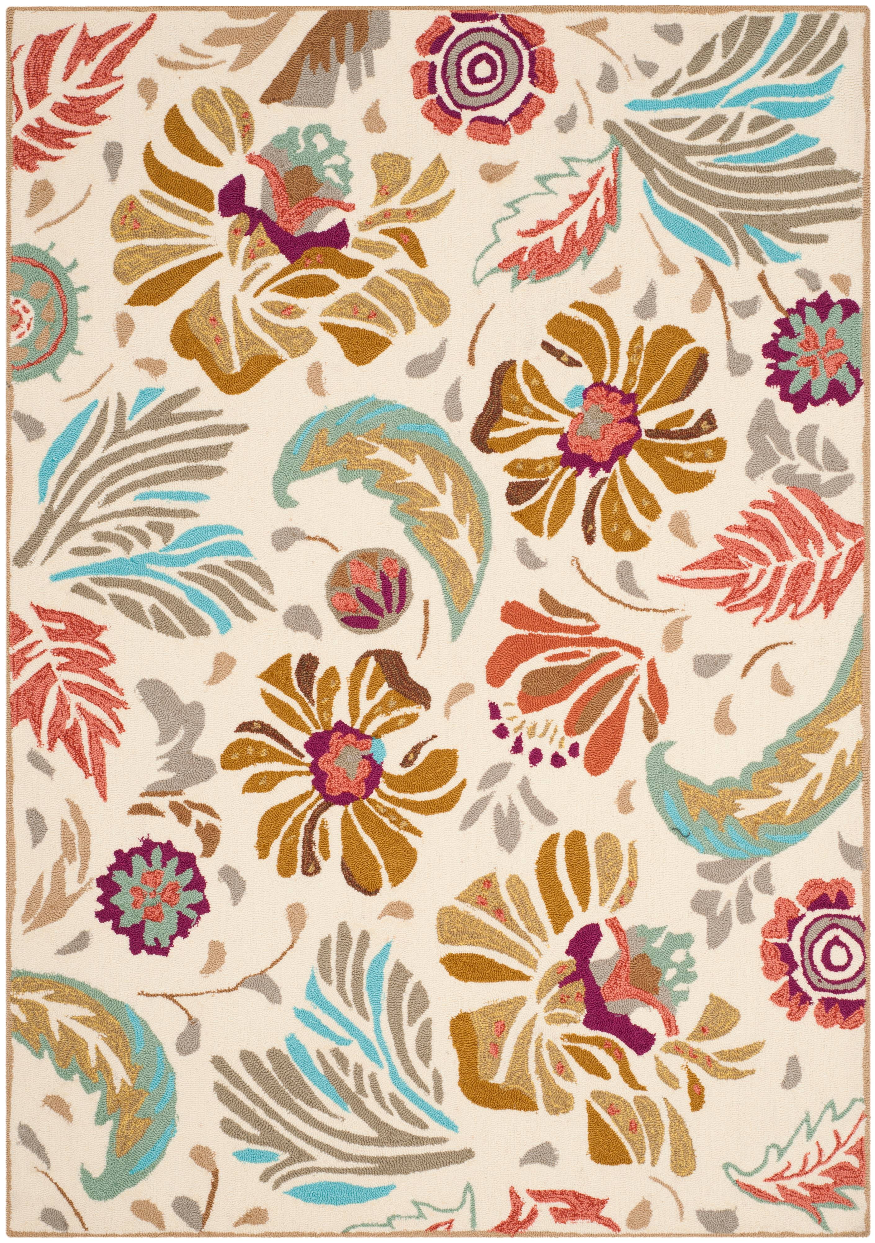 Ivory and Grey Hand-Hooked Floral Area Rug, 5' x 8'