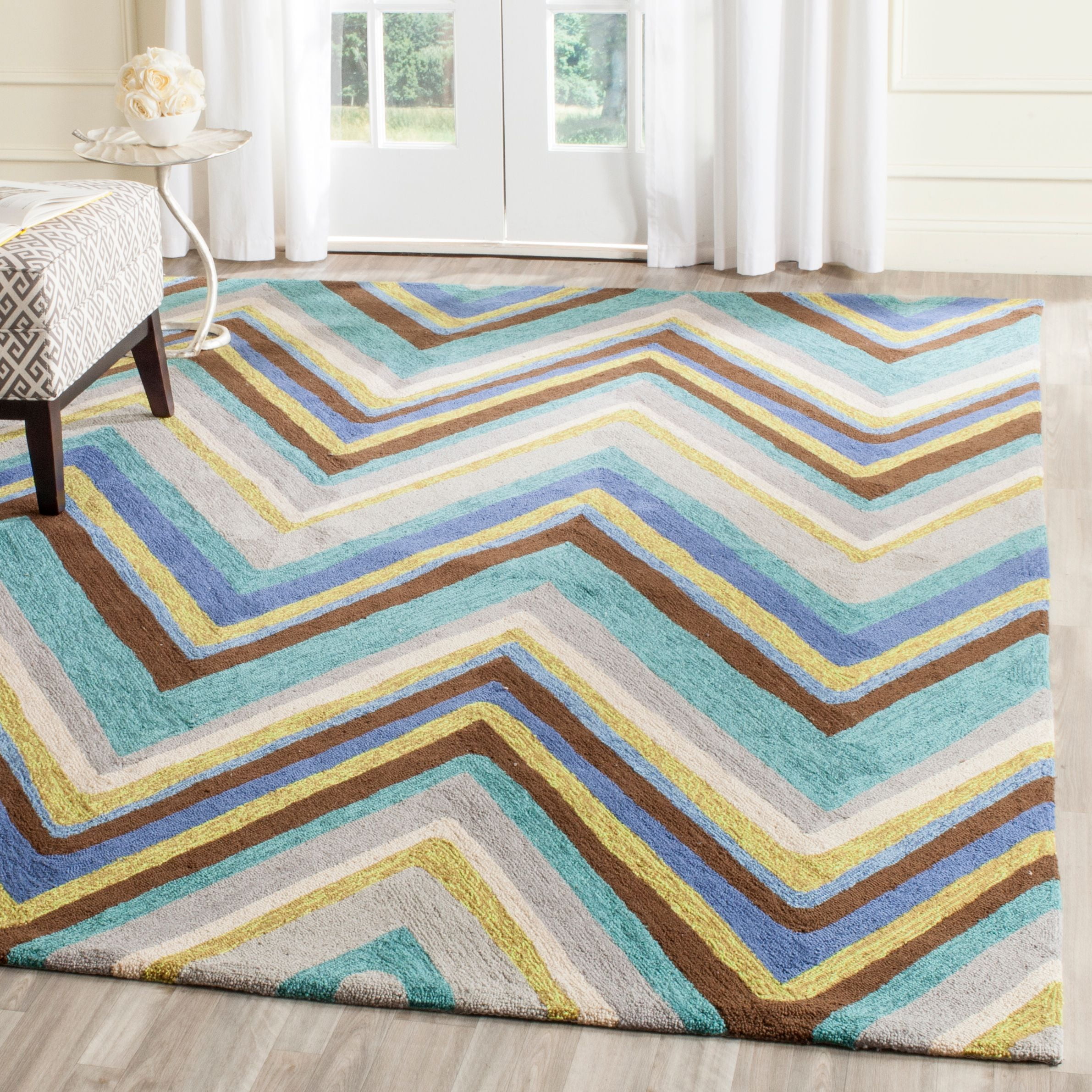 Blue and Multicolor Chevron Hand-Knotted Synthetic Area Rug, 8' x 10'