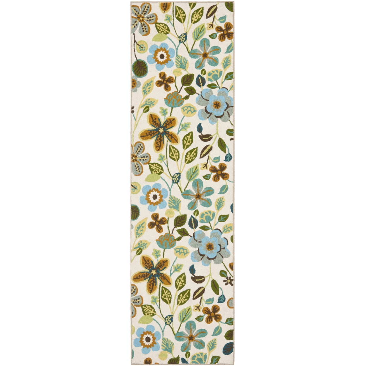 Ivory Floral Hand-Hooked Synthetic Runner Rug