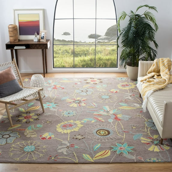 SAFAVIEH Four Seasons Derren Novelty Flowers Area Rug, Grey/Blue, 6' x 6' Square
