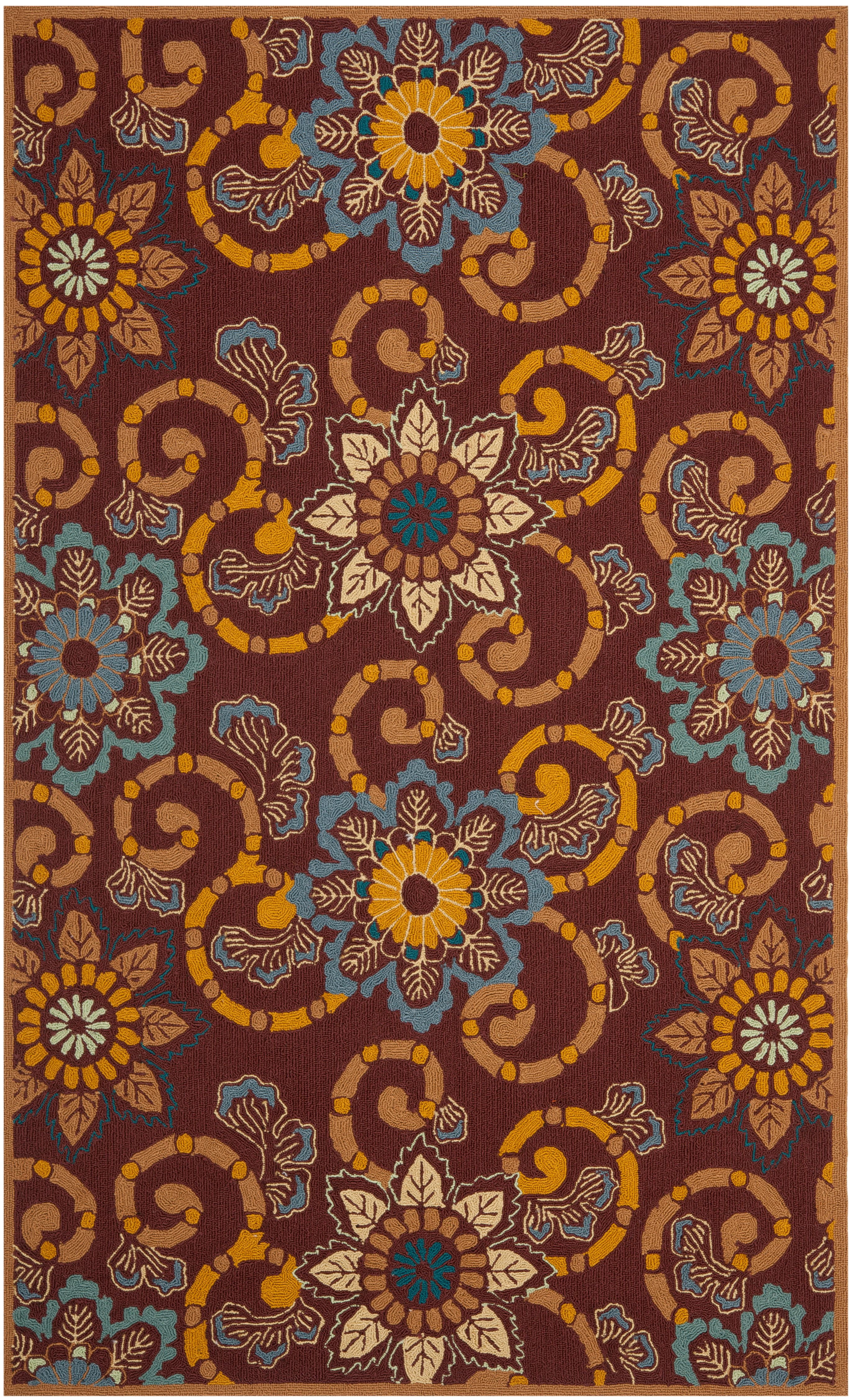 Handmade Burgundy Floral Synthetic Area Rug 5' x 8'