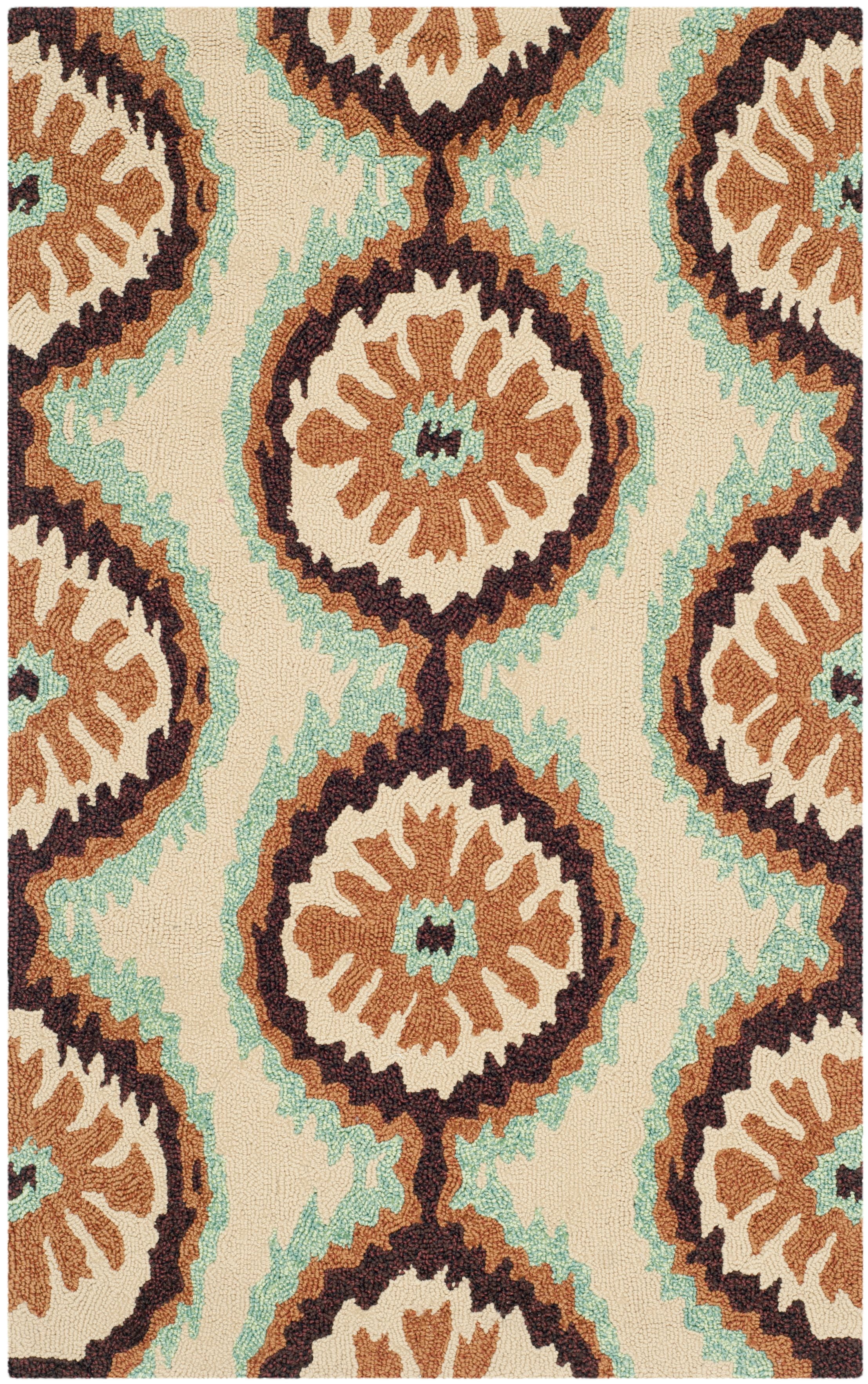Beige and Green Floral Hand-Hooked Rectangular Rug
