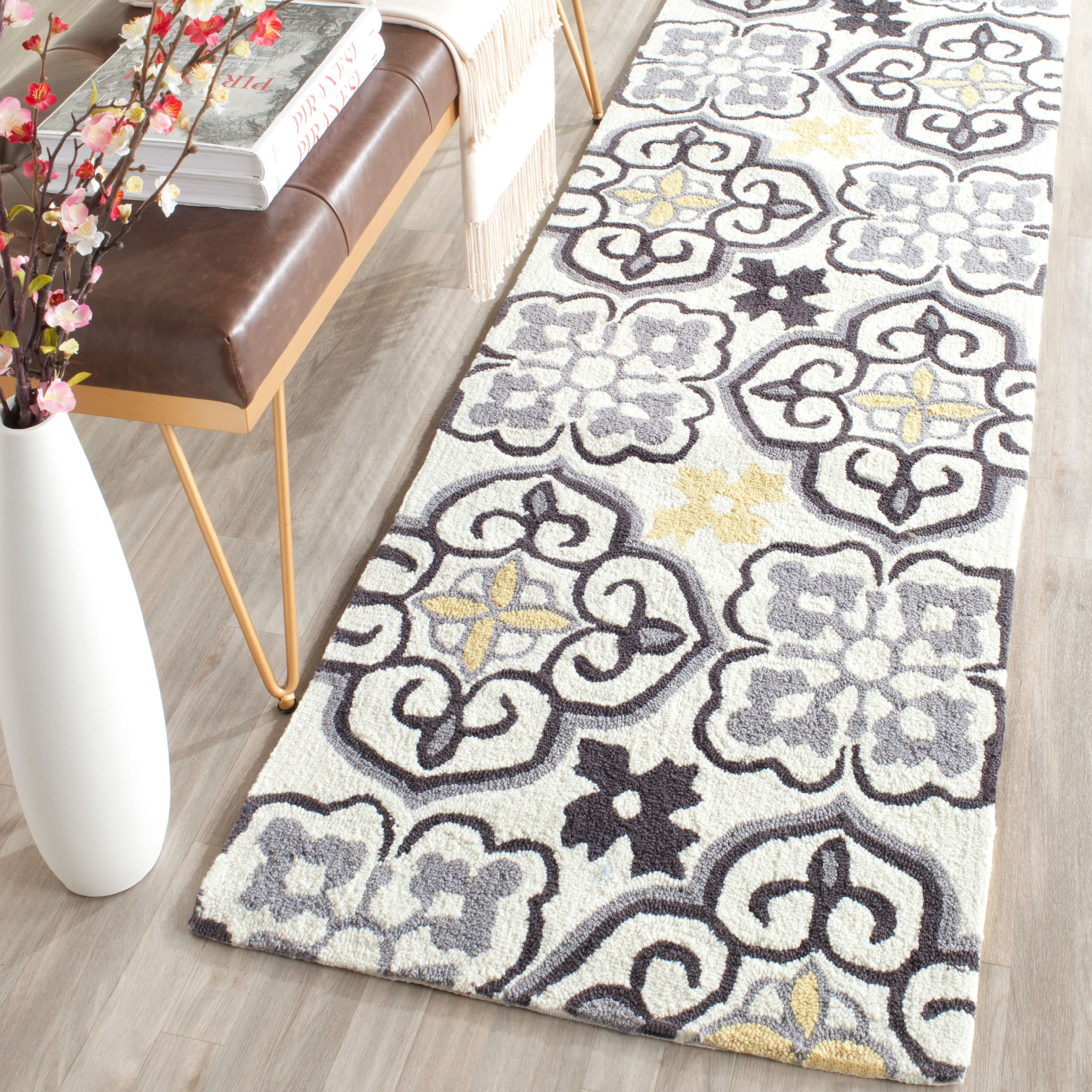 Polyester Runner Rugs SAFAVIEH Four Seasons Katelynn Damask Polyester Runner Rug, Grey/Ivory ...
