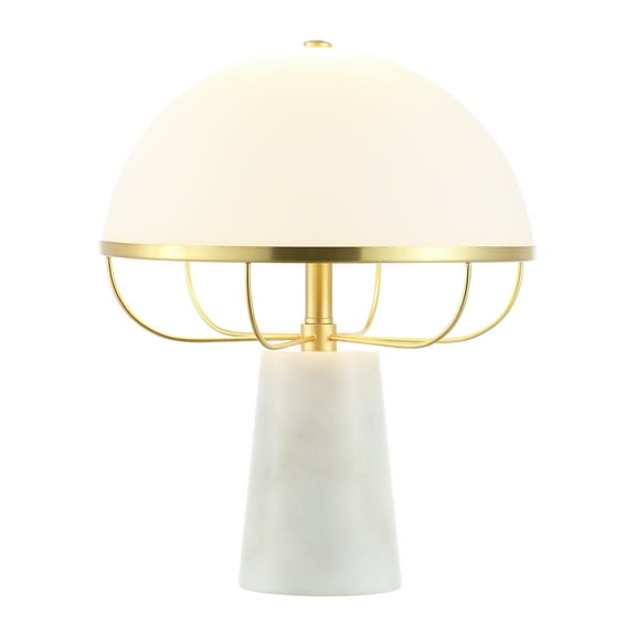 SAFAVIEH Fraser 15 in. Mid-century White Brass Marble Table Lamp with White Glass Shade