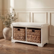 SAFAVIEH Freddy Contemporary Wicker Storage Bench with Cushion, Vintage White
