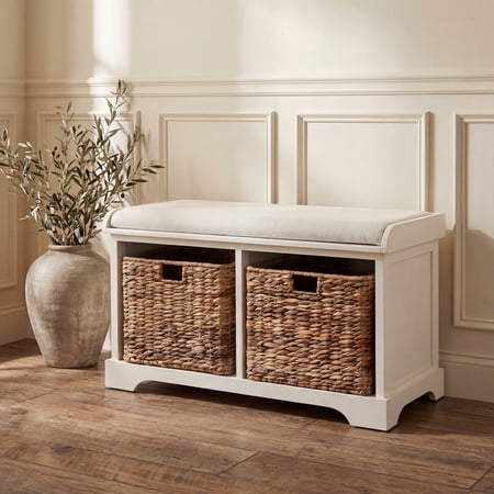 SAFAVIEH Freddy Contemporary Wicker Storage Bench with Cushion, Vintage White