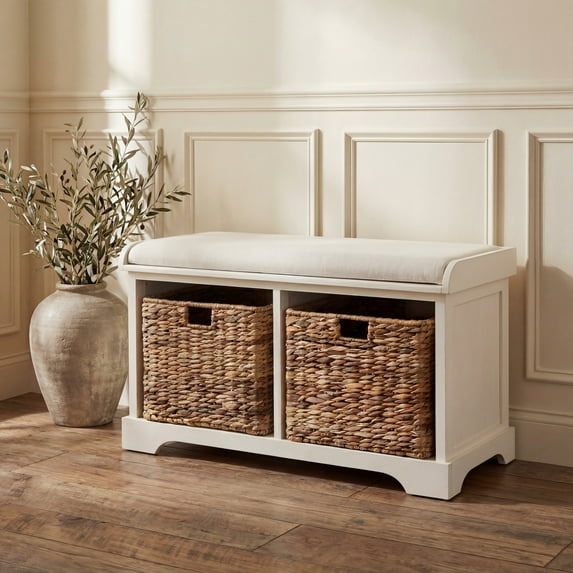 SAFAVIEH Freddy Contemporary Wicker Storage Bench with Cushion, Vintage White