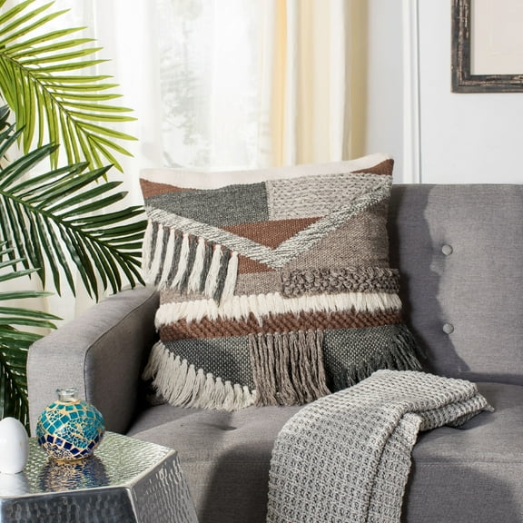 SAFAVIEH Freja Aztec Fringe Geometric Pillow, 20" x 20", Charcoal/Brown