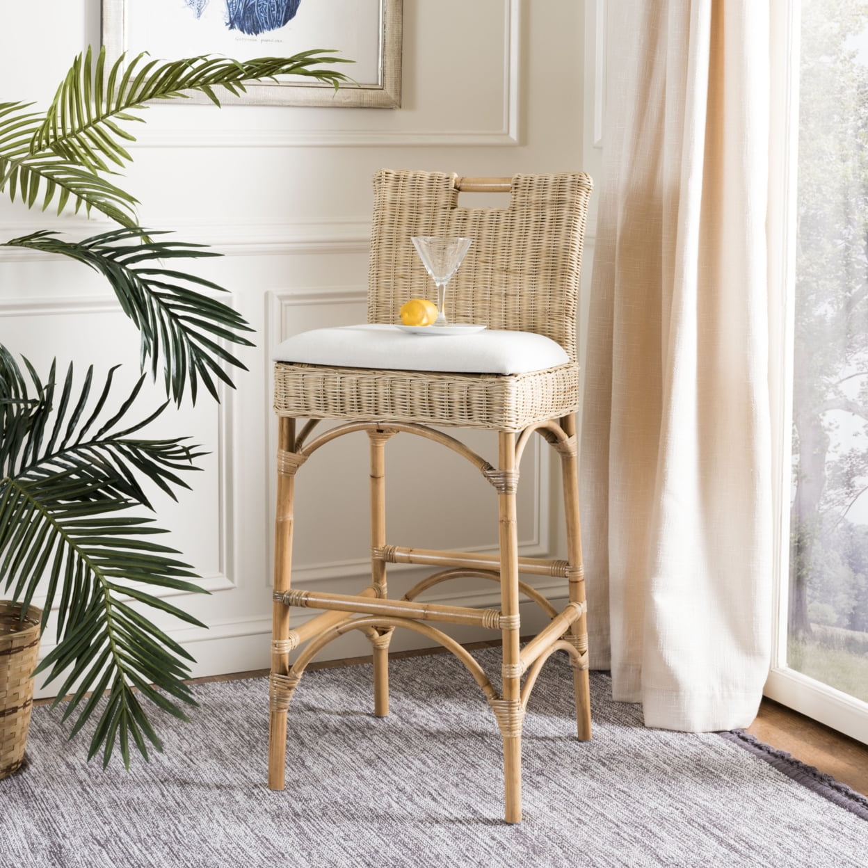 Natural Rattan and Bamboo Boho Bar Stool with Cushion