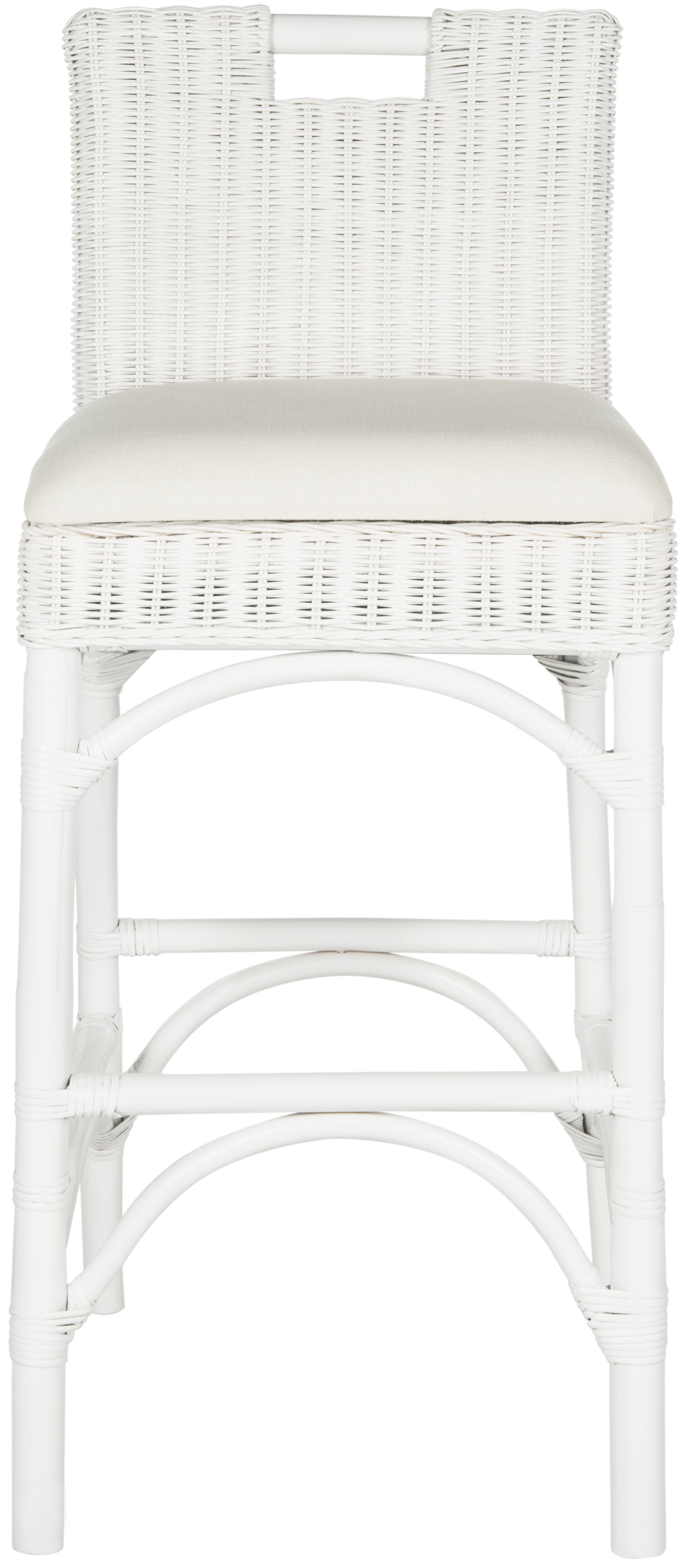 Transitional White Rattan Bar Stool with Comfy Cushion