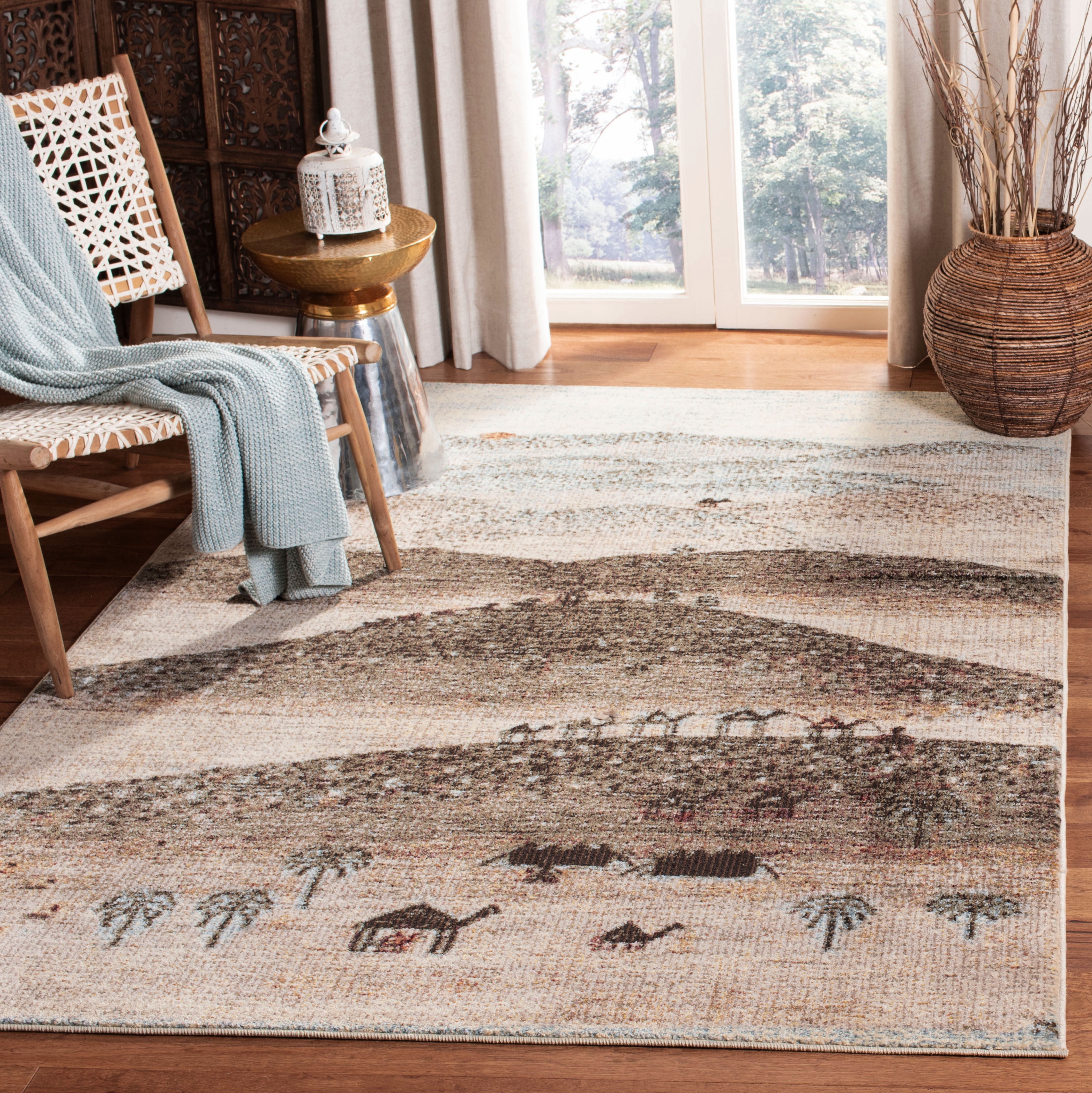 Cream and Olive Synthetic Abstract Rectangular Area Rug