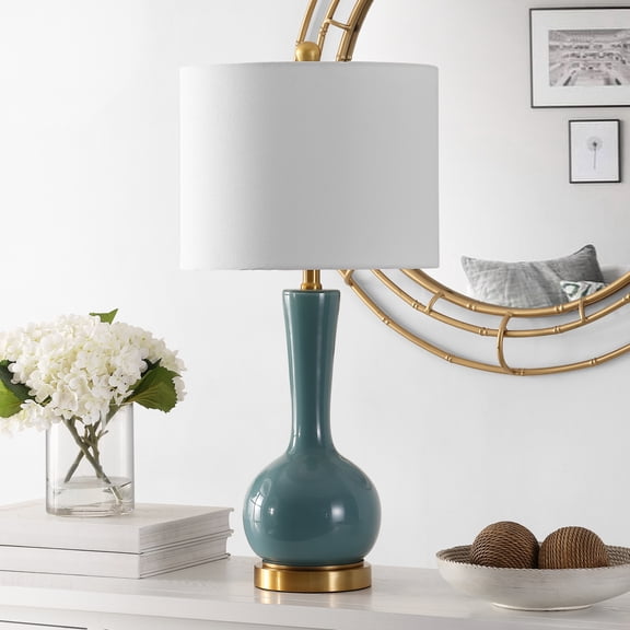 SAFAVIEH Gaetna 27 in. Mid-Century Glass Table Lamp, Sea Blue