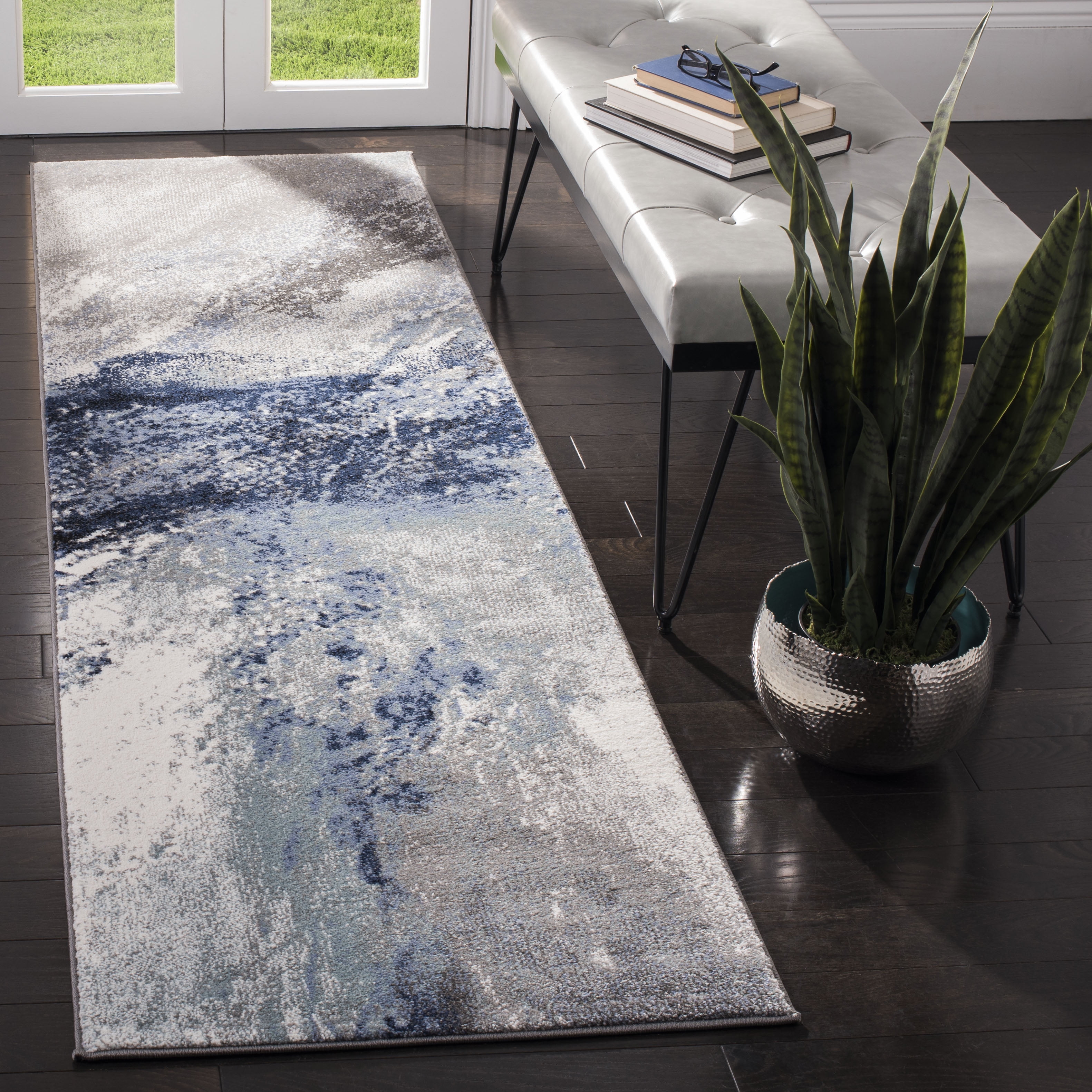 Celestial Spark Abstract Gray and Blue Synthetic Runner Rug