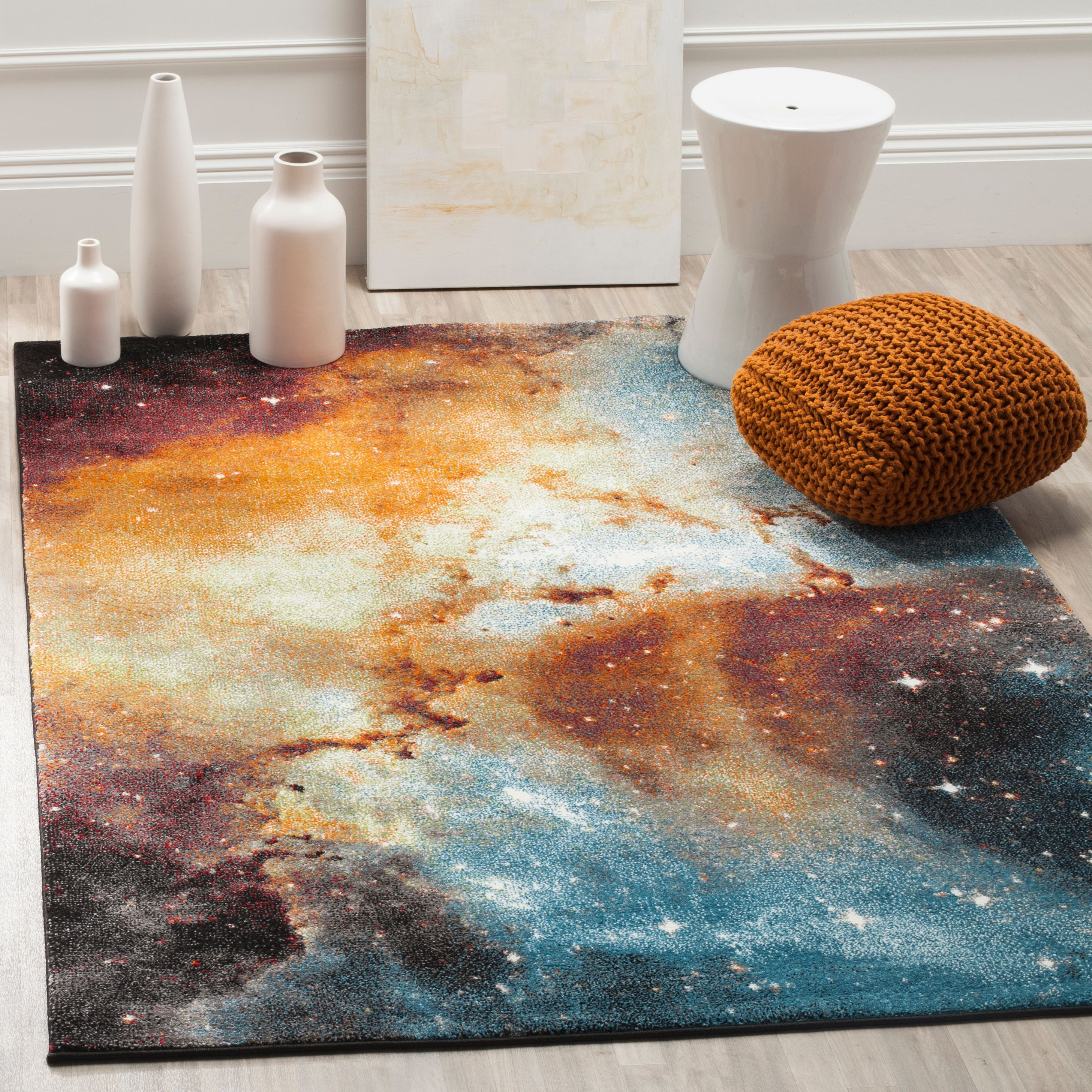 Celestial Spark Orange/Multi Synthetic Round Rug