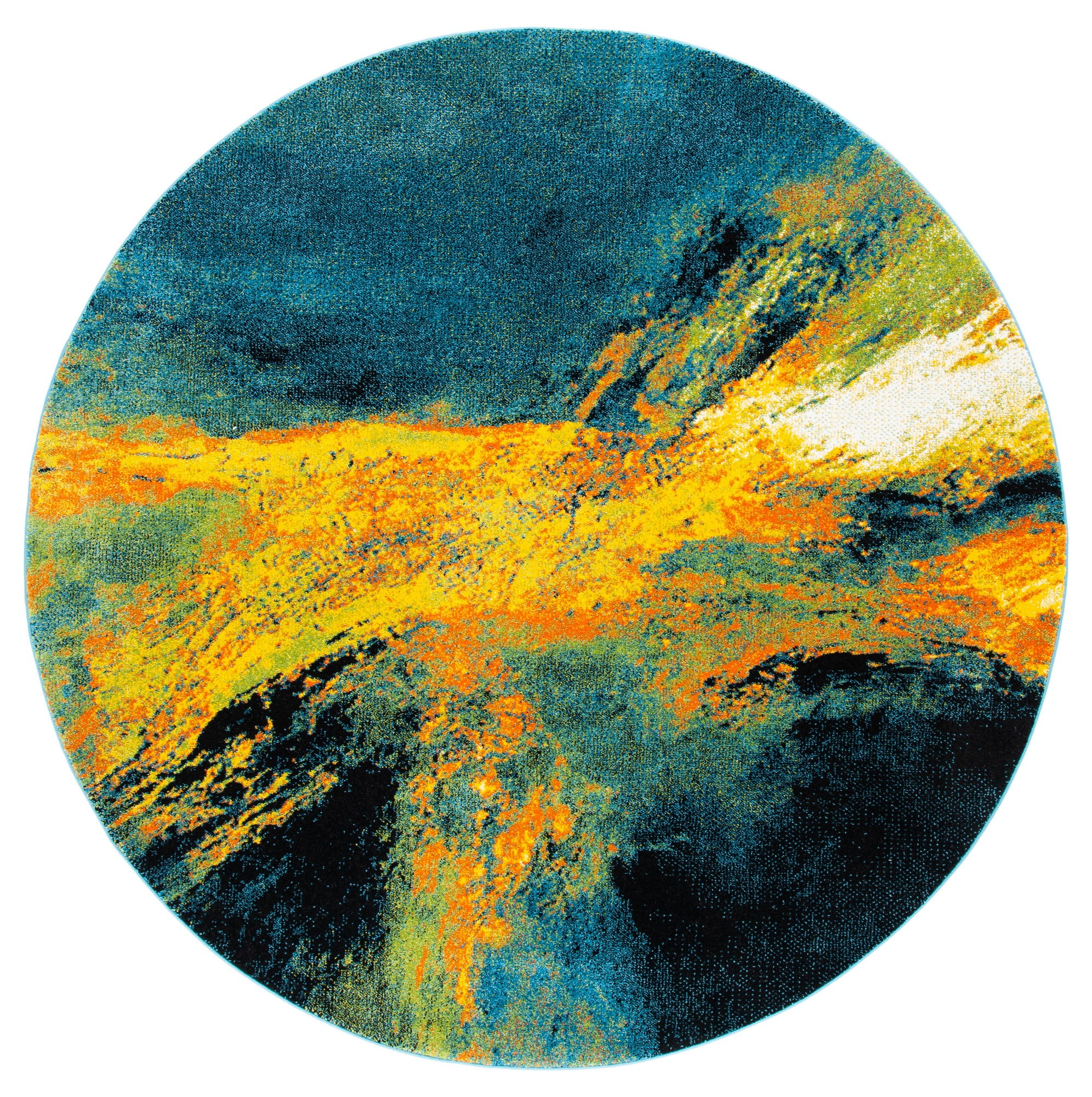 Galaxy Round Blue and Yellow Abstract Synthetic Rug