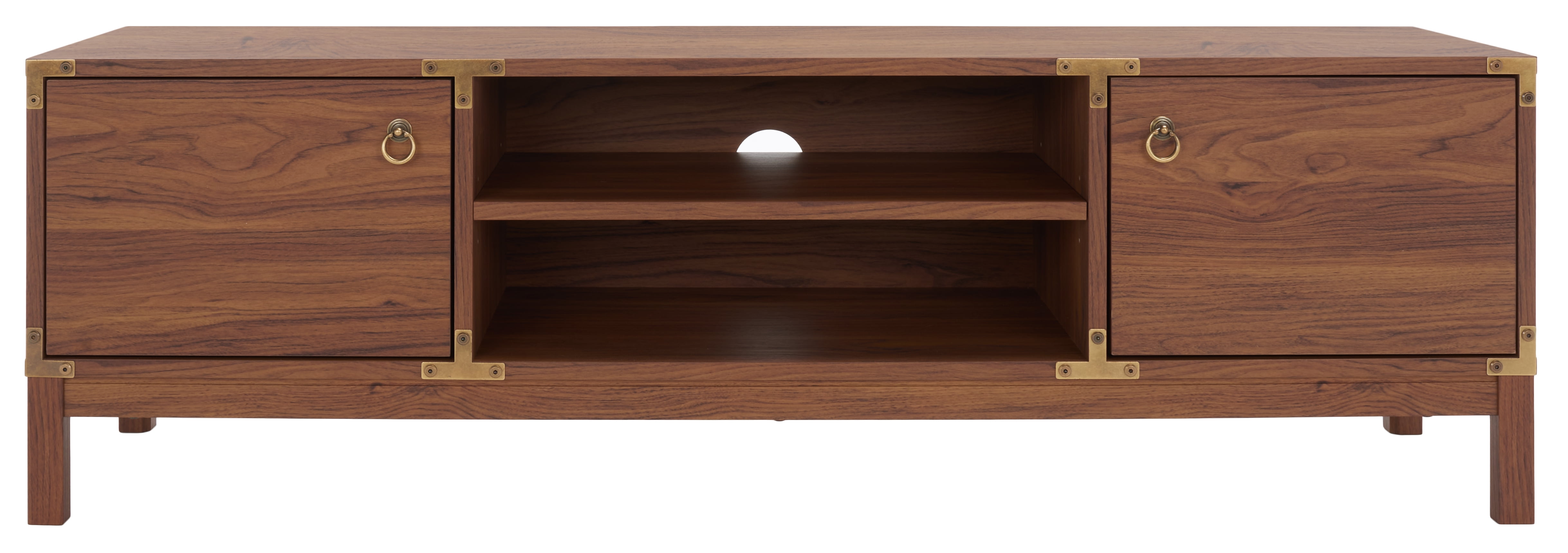 Walnut and Gold Two-Level Industrial TV Stand with Cabinets