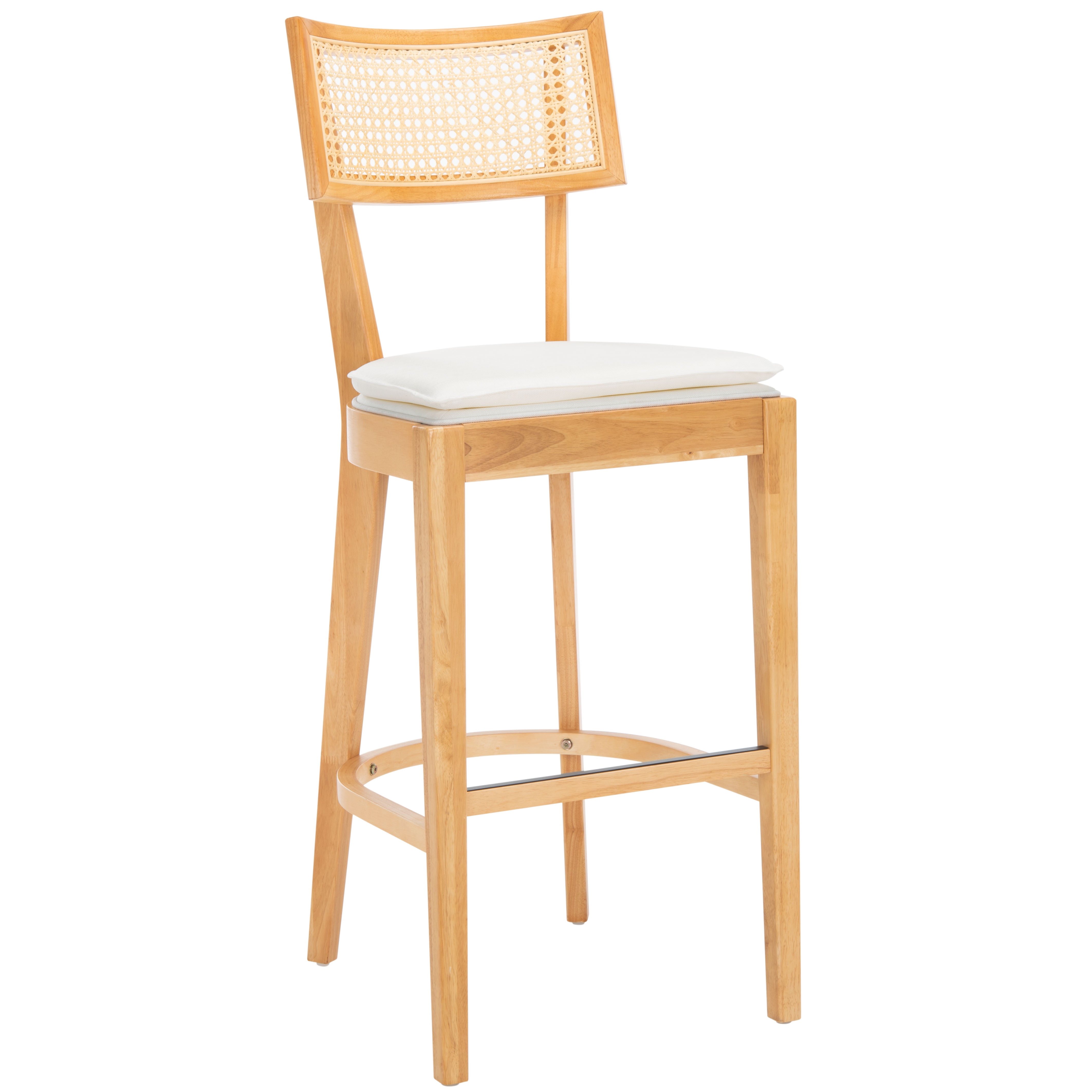 Natural Wood and Rattan Woven Bar Stool with Cushion