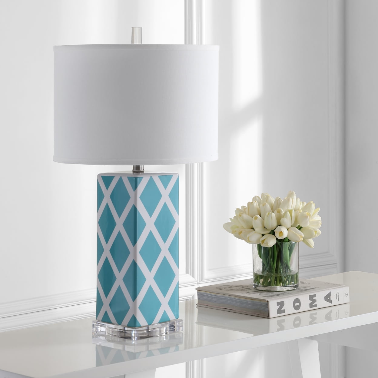 Garden Lattice Light Blue Ceramic Table Lamp Set with White Cotton Shade