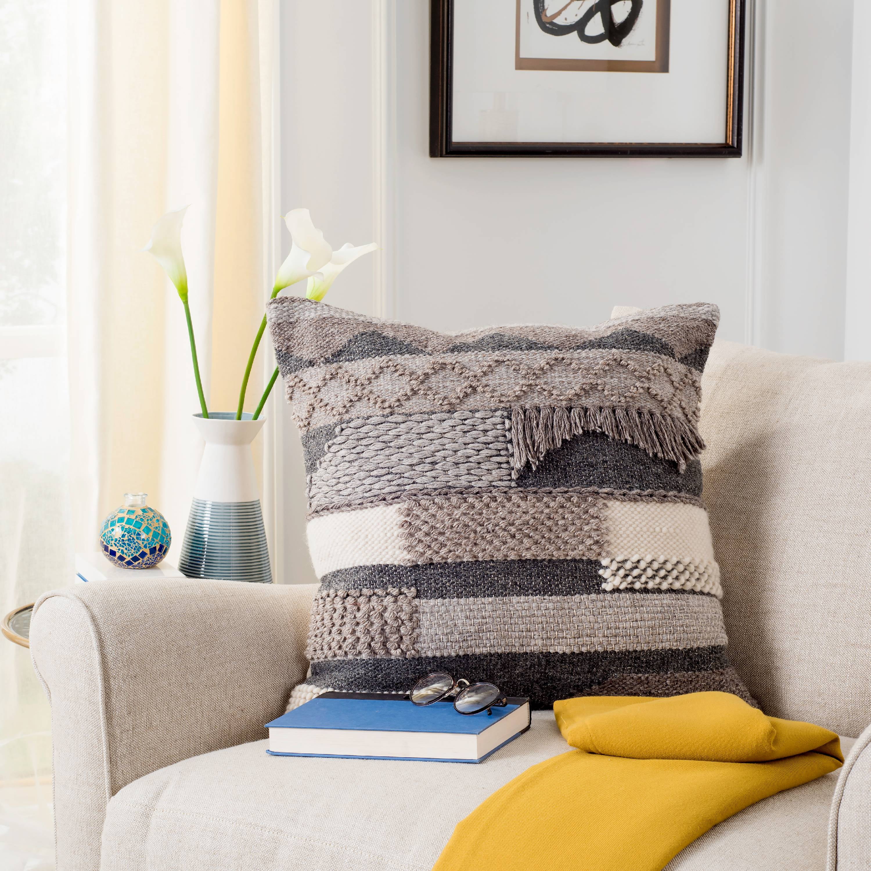 Gareth 20'' Gray and Beige Wool Throw Pillow
