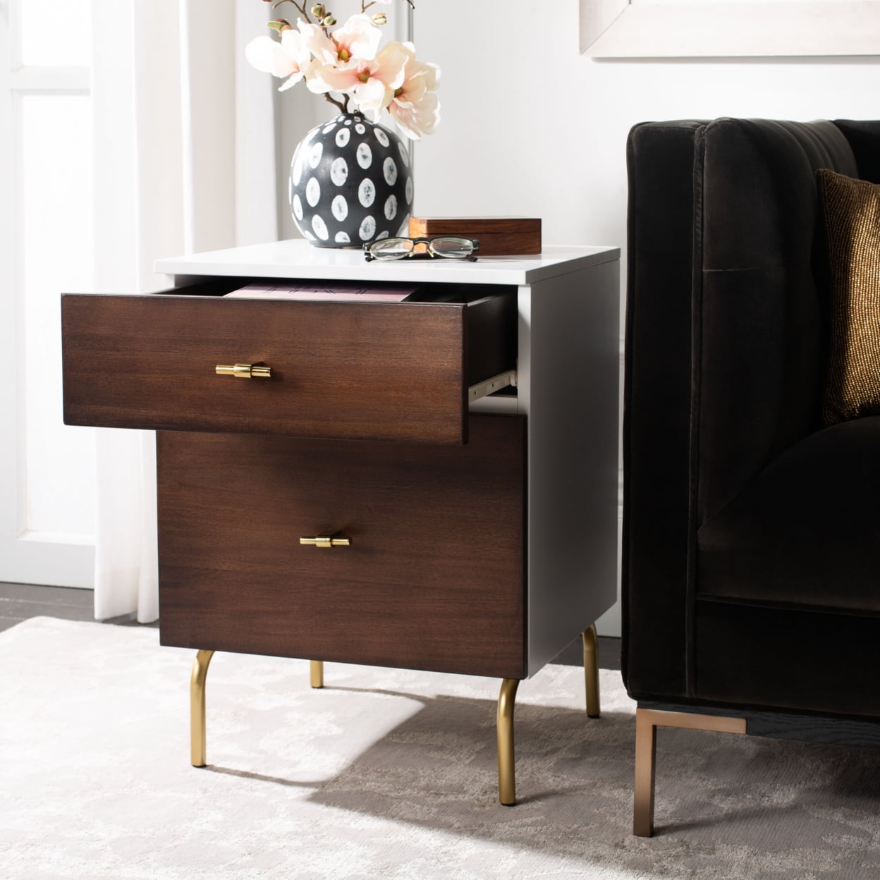 Transitional Genevieve Mahogany Nightstand with Gold Metal Legs