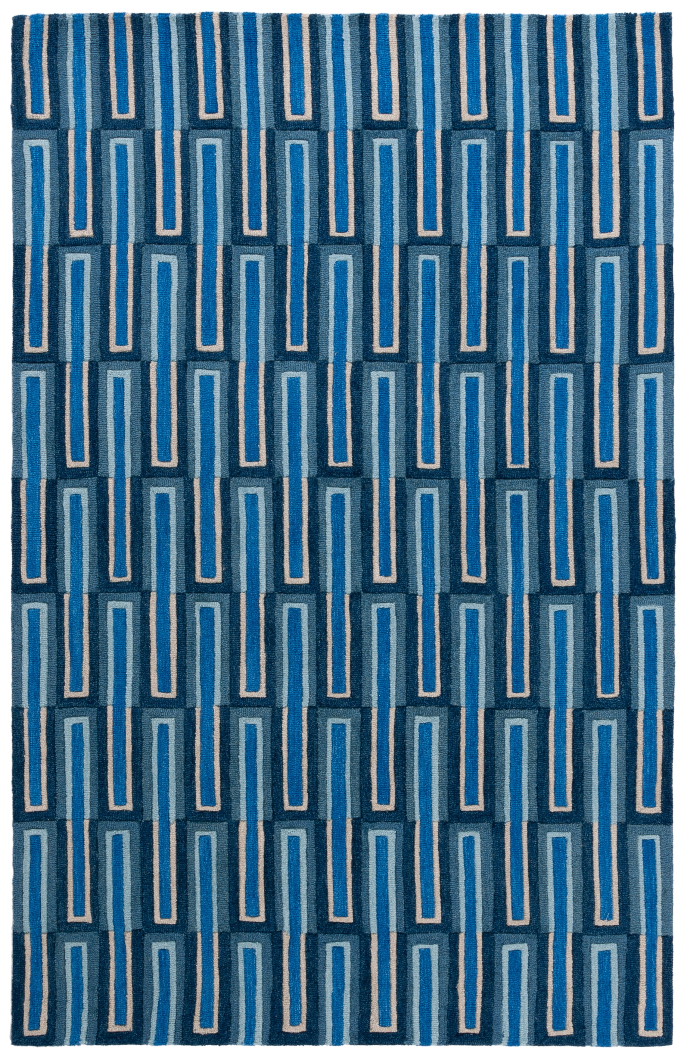 Ivory and Blue Geometric Wool 6' x 9' Handmade Tufted Rug