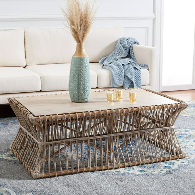 SAFAVIEH Gensho Solid Coastal Rattan Coffee Table, Grey