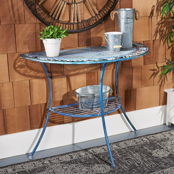 SAFAVIEH Genson Outdoor Patio Semi Circle End Table, Antique Blue
