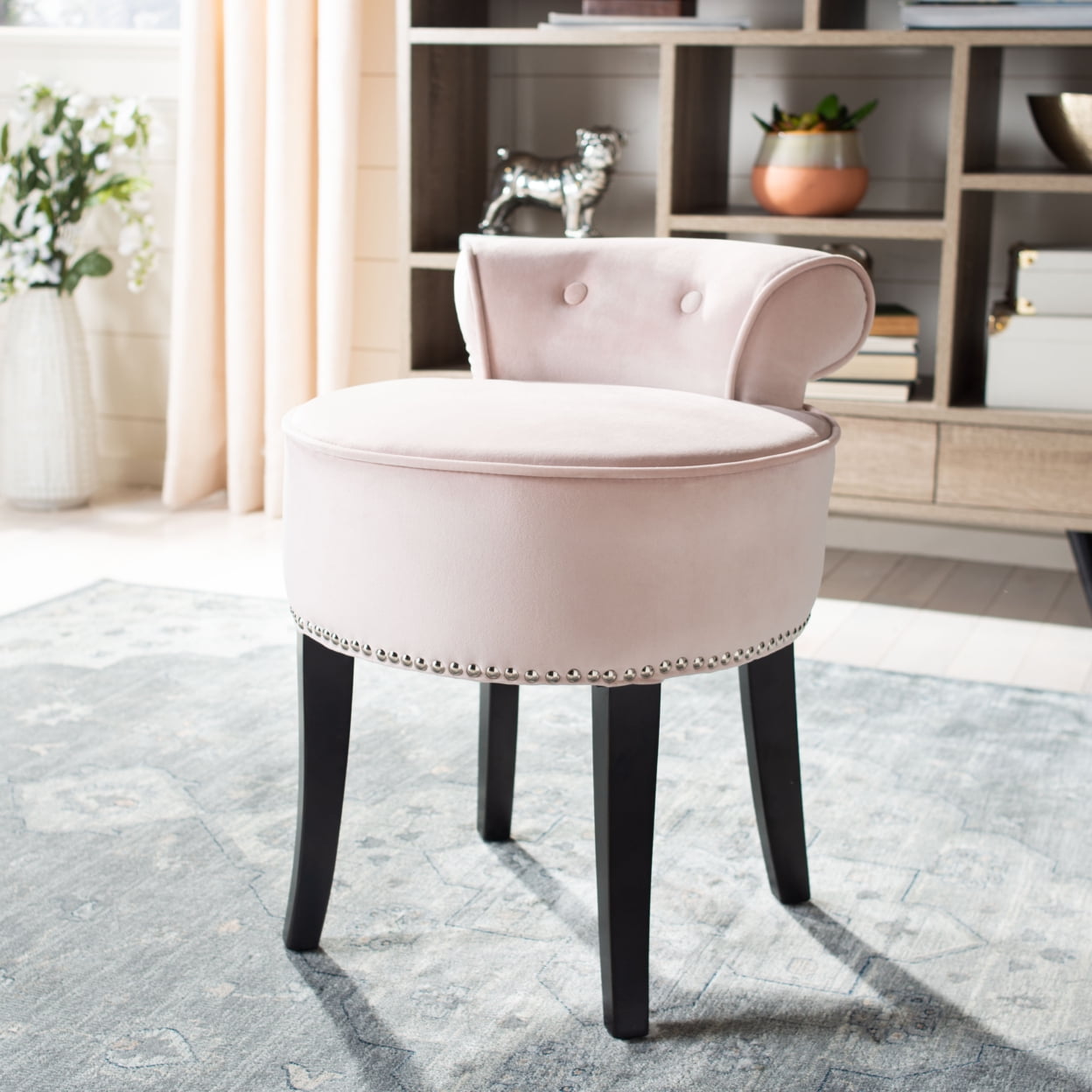 SAFAVIEH Georgia Contemporary Glam Upholstered Vanity Stool Blush Pink Espresso