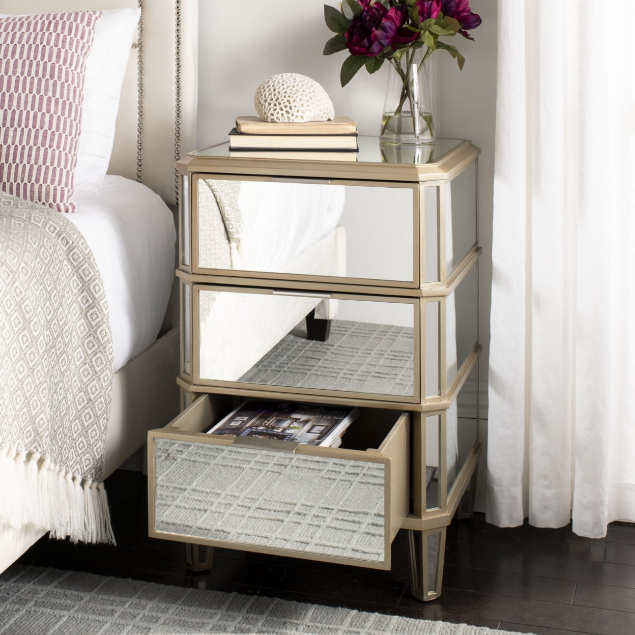 Transitional 3-Drawer Mirrored Nightstand in Transparent Finish