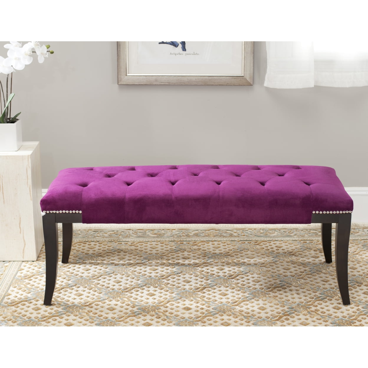 Gibbons Purple Cotton Velour Bench with Nail Heads