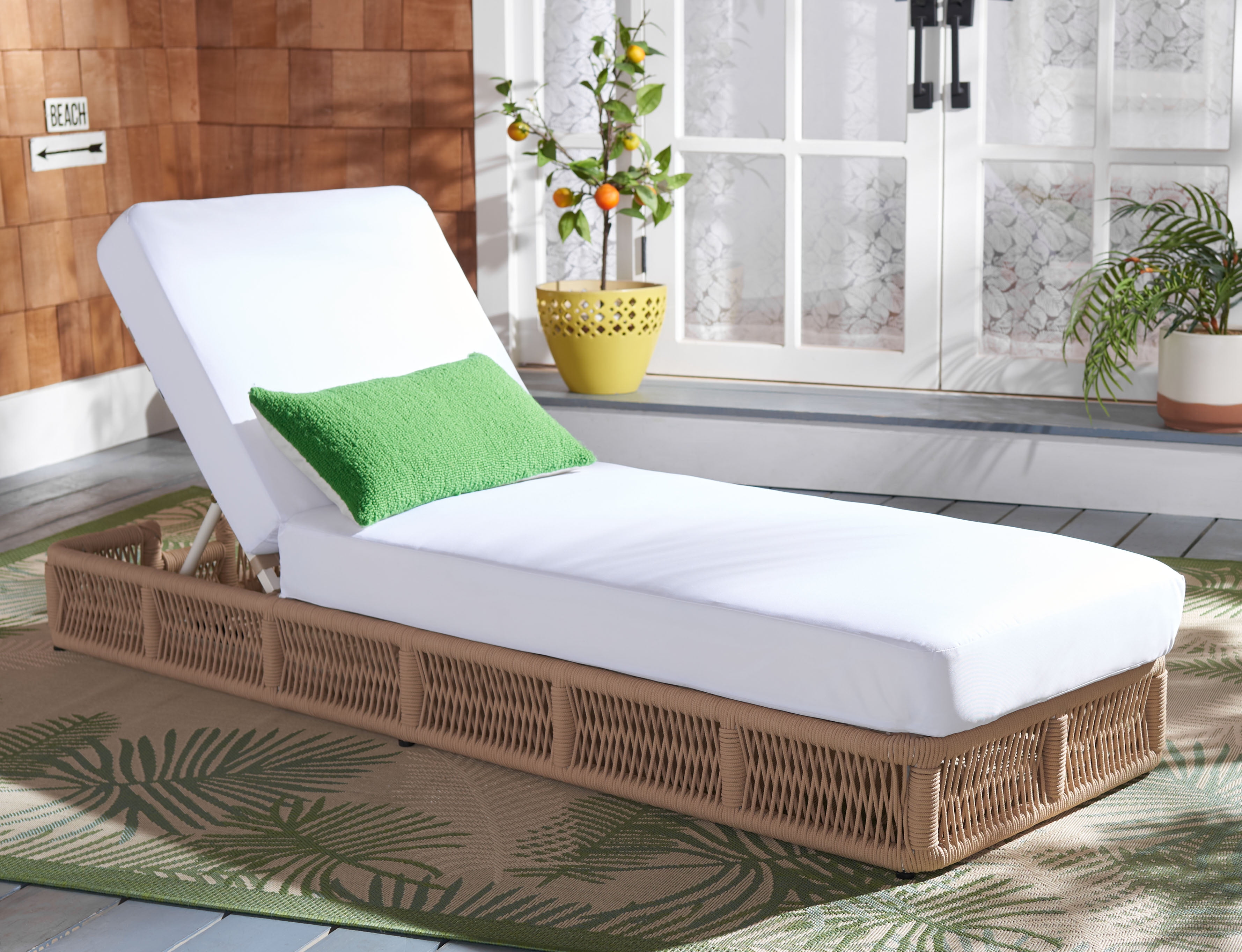 Tan Rope Wicker Armless Chaise with White Cushions