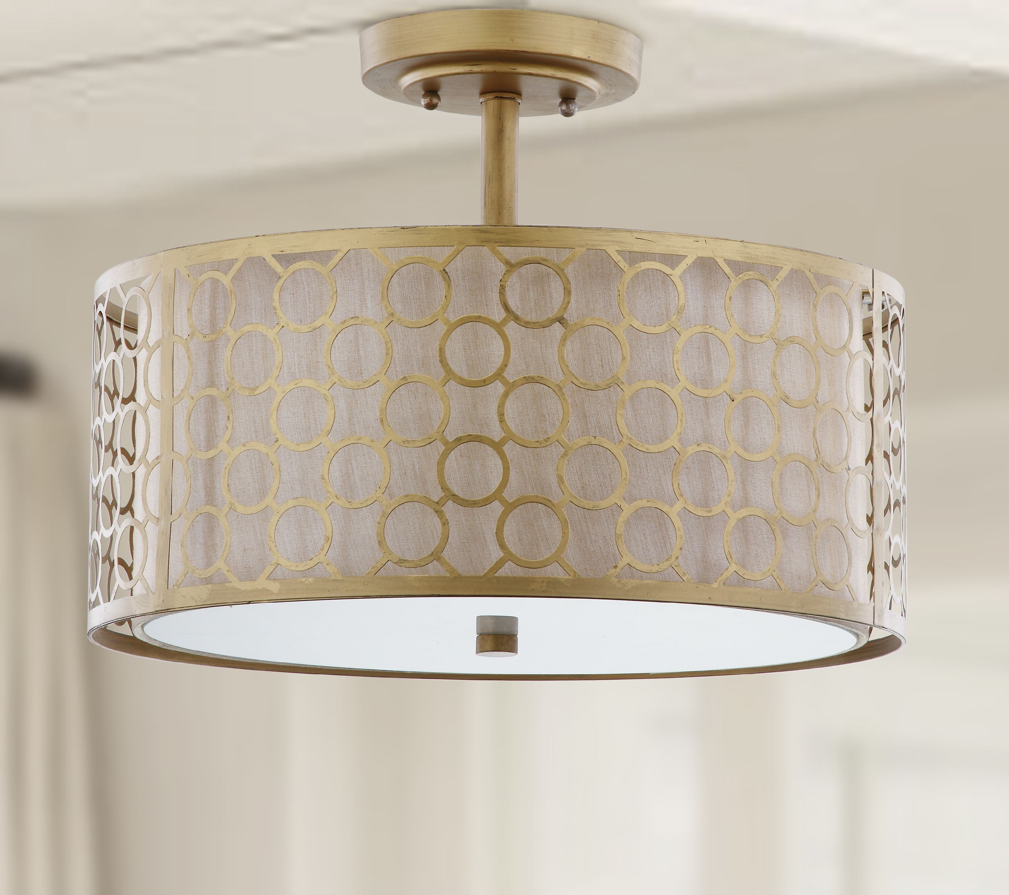 Elegante Antique Gold Drum Ceiling Light with Cream Fabric Shade