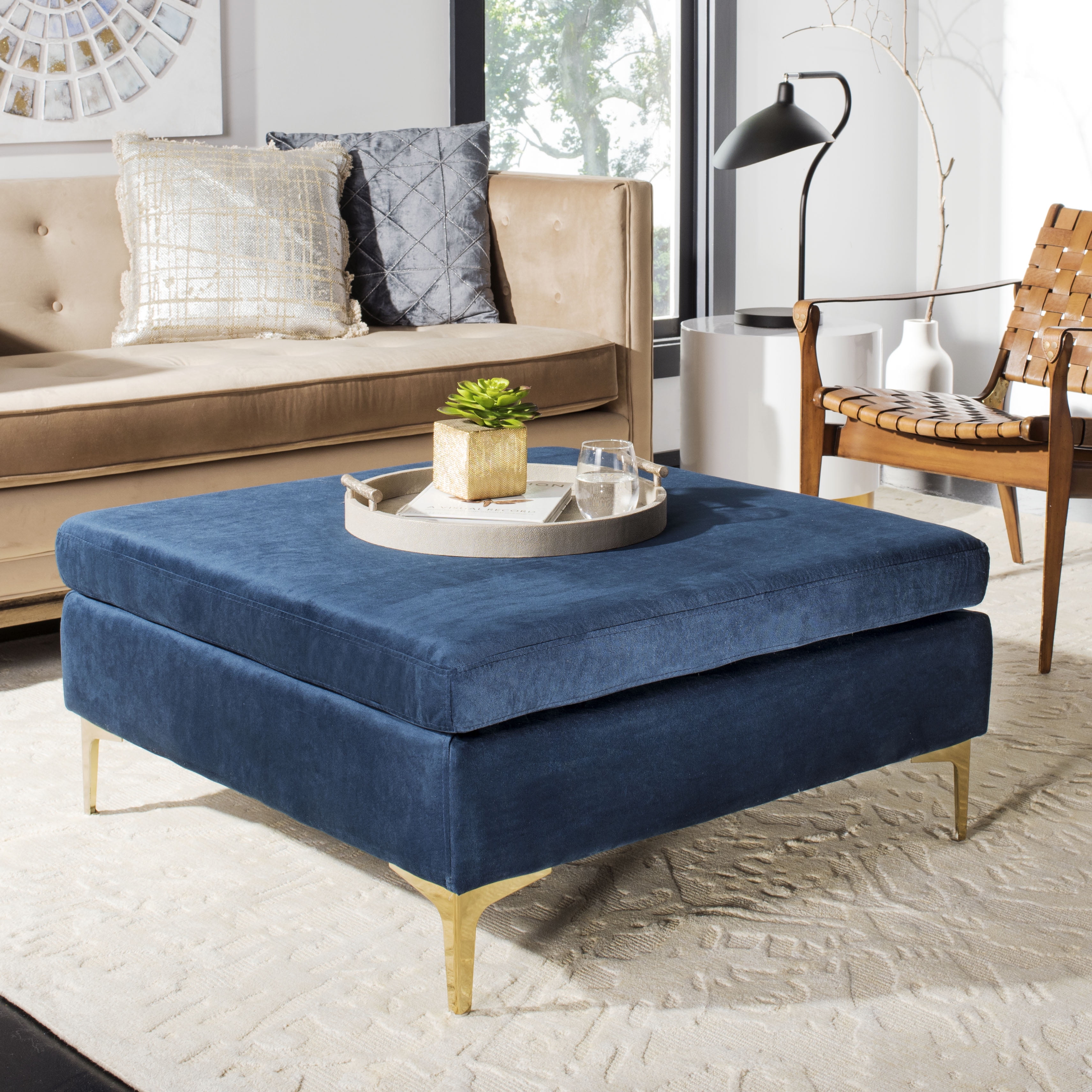 Giovanna Navy Velvet 36" Square Ottoman with Brass Metal Legs