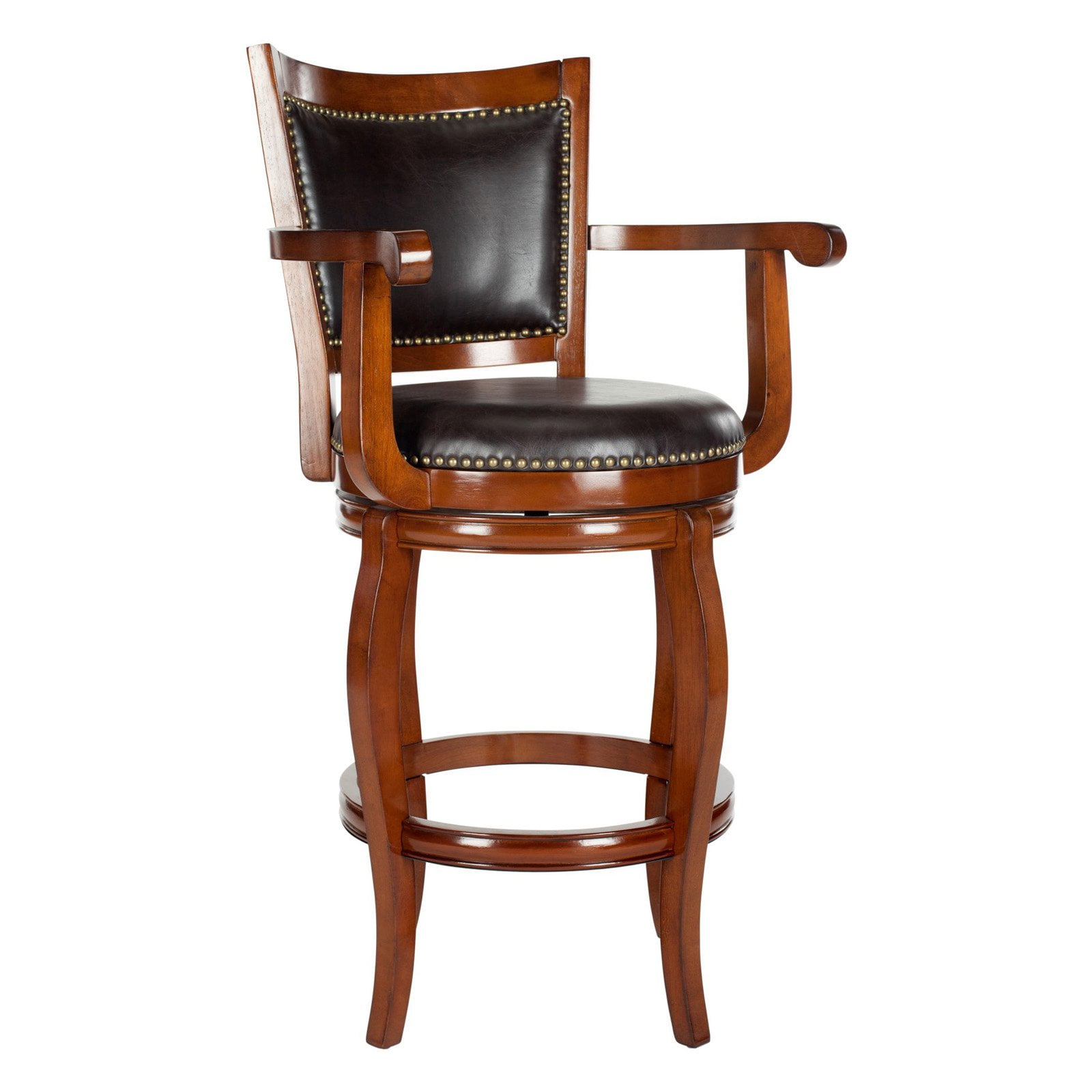 Walnut Brown Leather Swivel Bar Stool with Saber Legs
