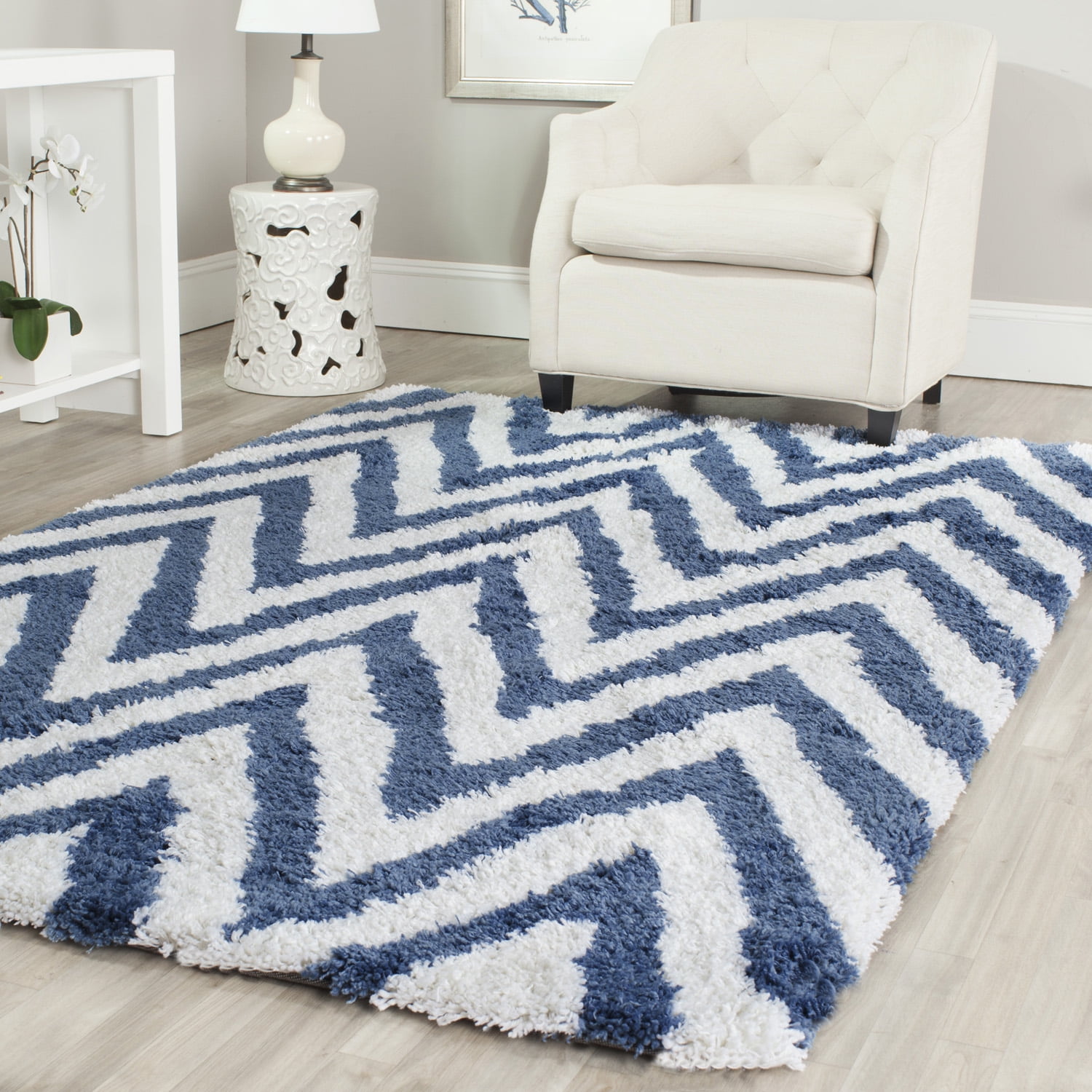 Ivory and Blue Hand-Tufted Cotton Shag Area Rug, 7' x 7'