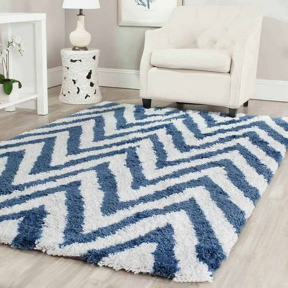 SAFAVIEH Giuseppe Chevron Shag Area Rug, Ivory/Blue, 8'9" x 12'