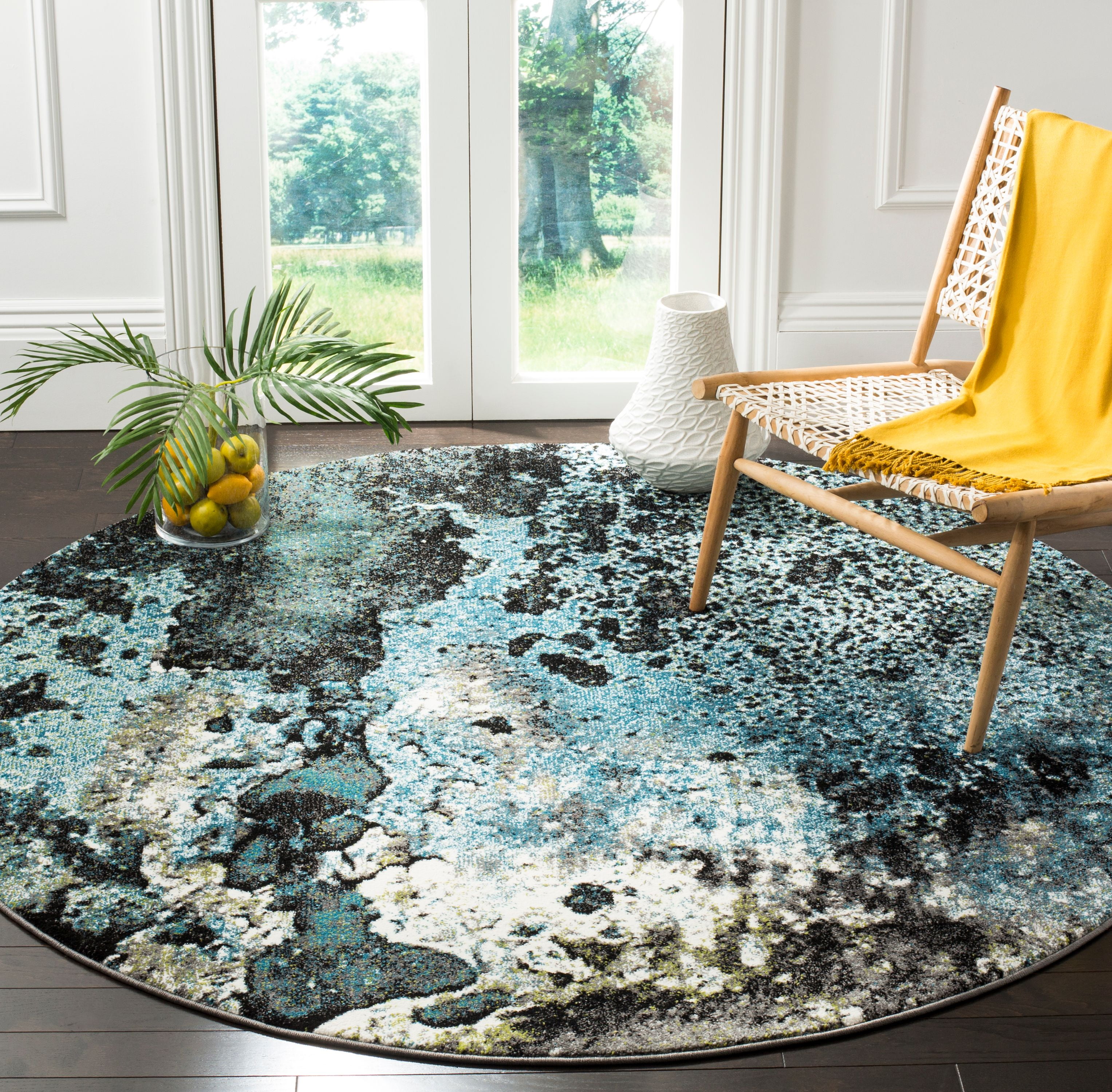 Blue Multicolor Round Abstract Synthetic Area Rug